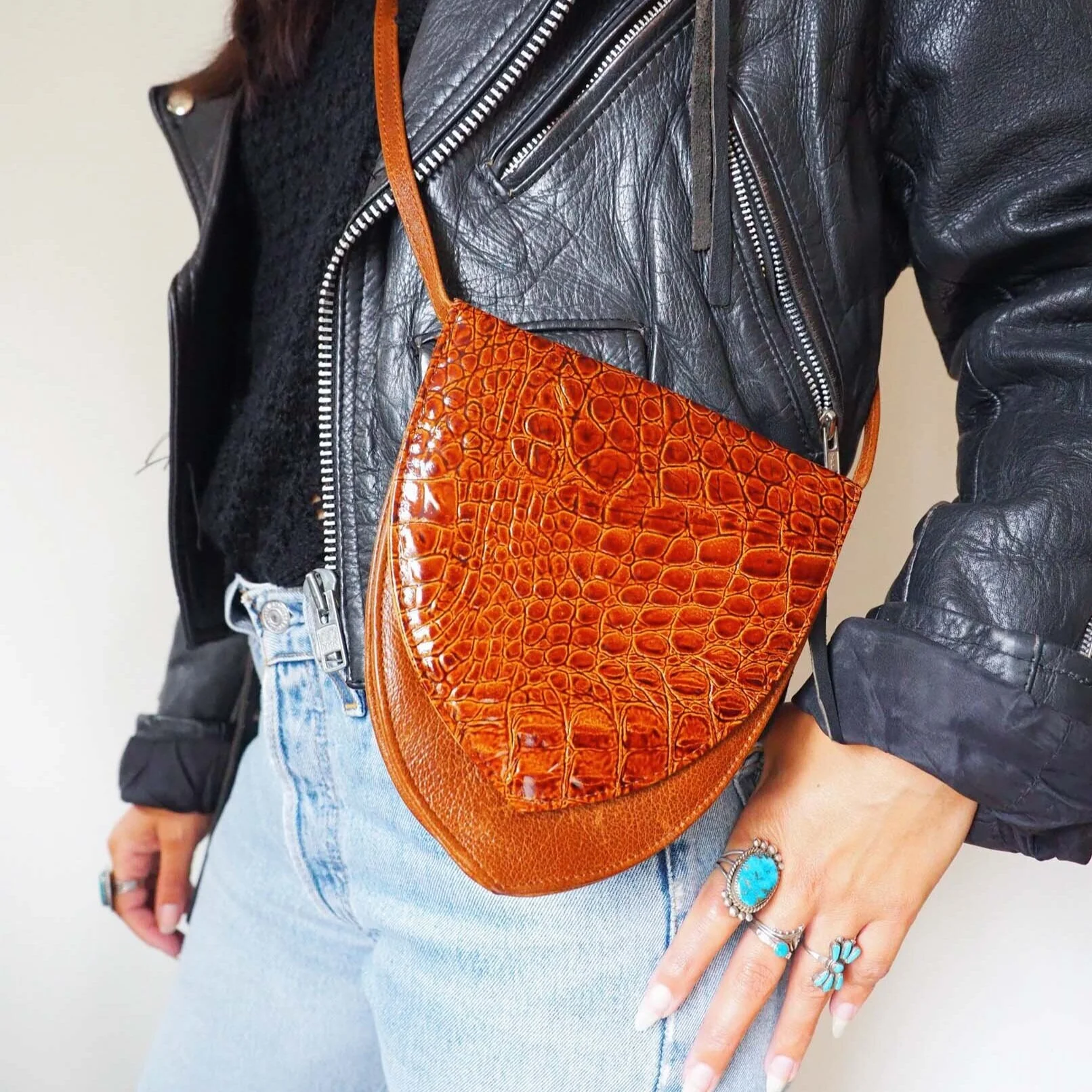 BROWN LEATHER BAG WITH CROCODILE PANEL