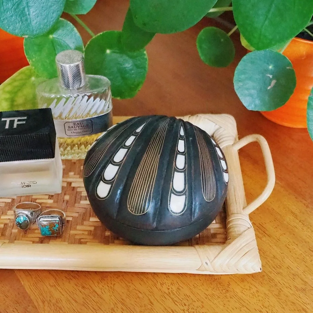 CARVED WOOD AND MOP SHELL STORAGE BOX