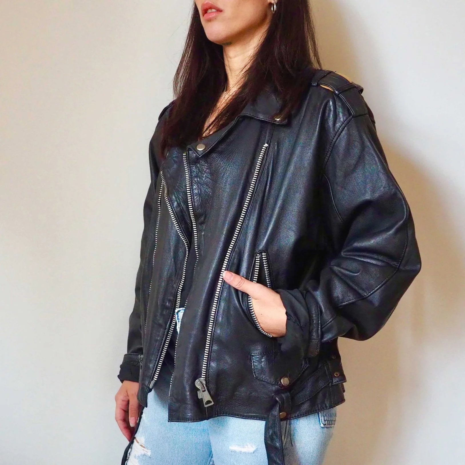 OVERSIZED BLACK LEATHER BIKER JACKET WITH LACE UP PANELS