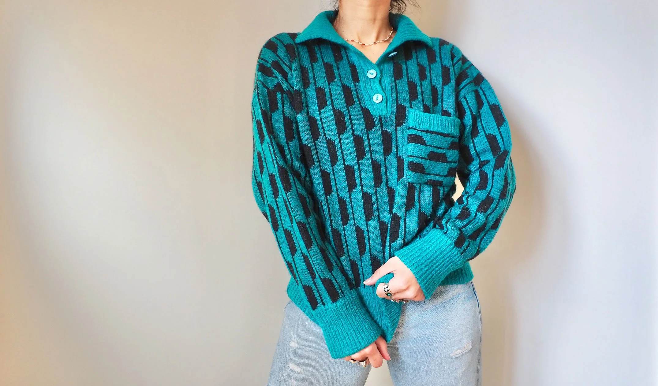 80S TEAL AND BLACK - HALF BUTTON DOWN KNIT JUMPER