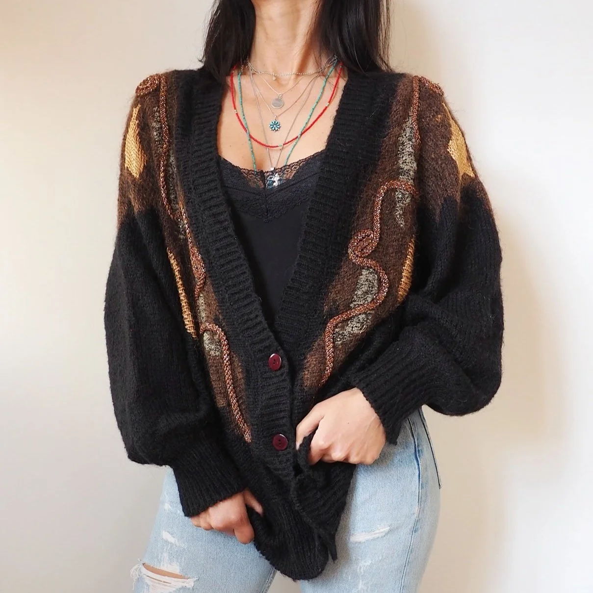80S BLACK AND GOLD PANEL CARDIGAN