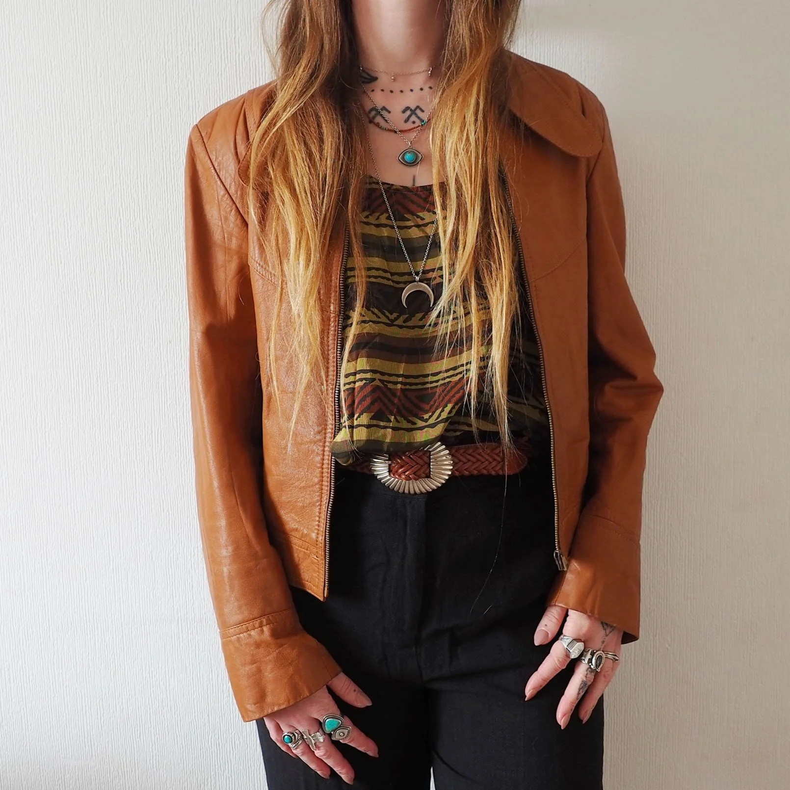70S OVERSIZED COLLAR LEATHER JACKET