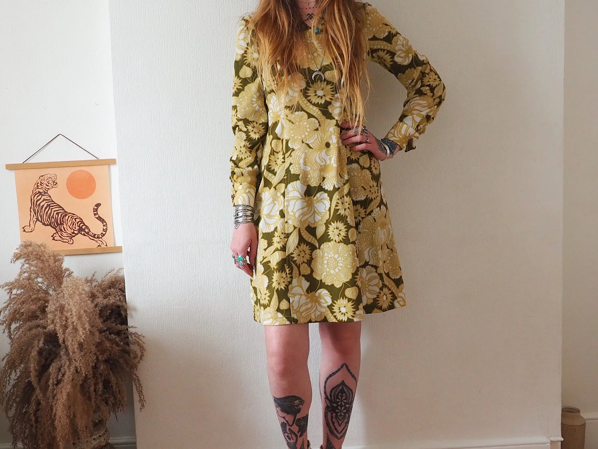 60S/70S BOLD OLIVE GREEN & YELLOW PAISLEY FLORAL DRESS
