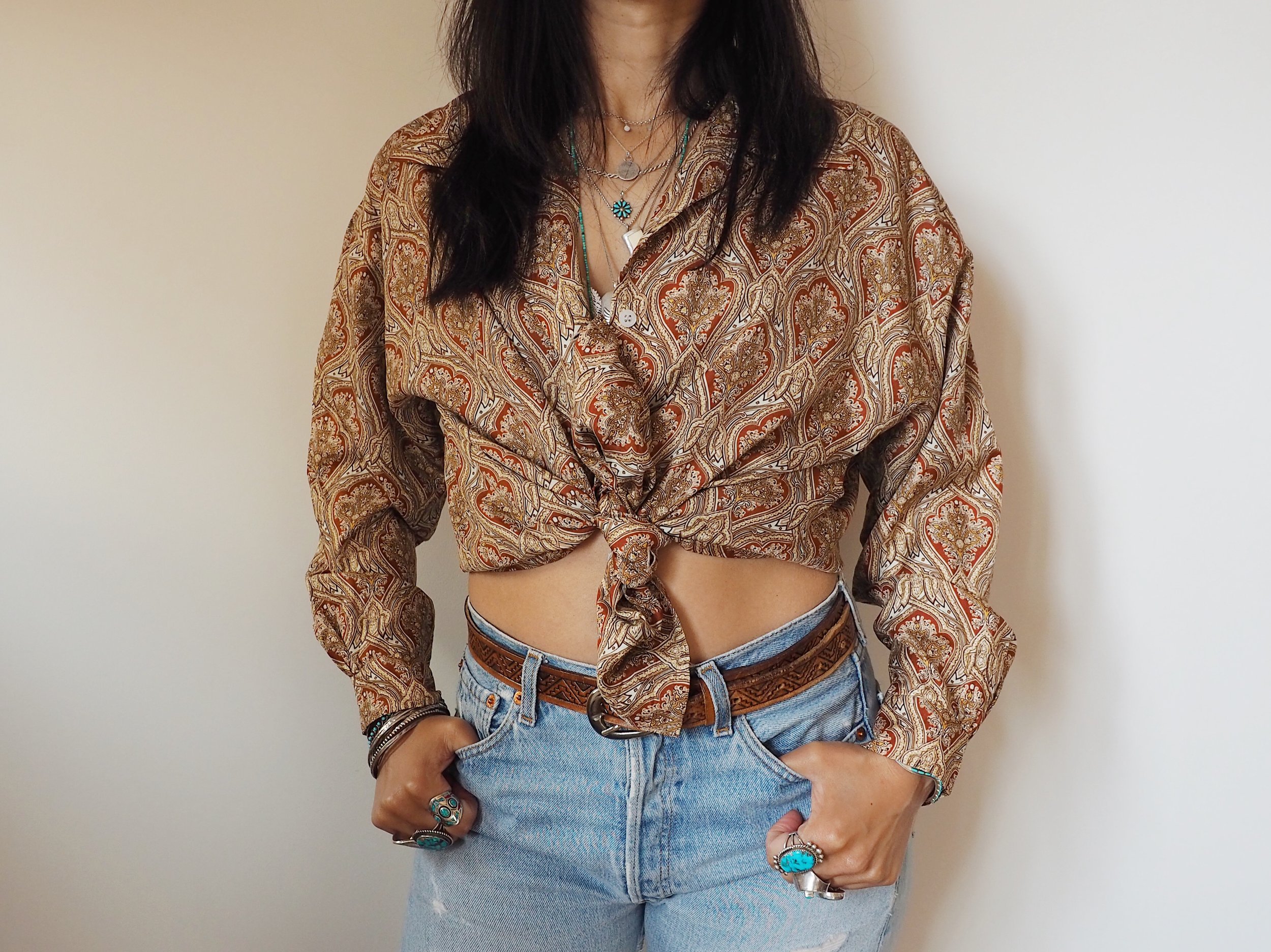 70S BROWN PAISLEY SILKY STYLE SHIRT