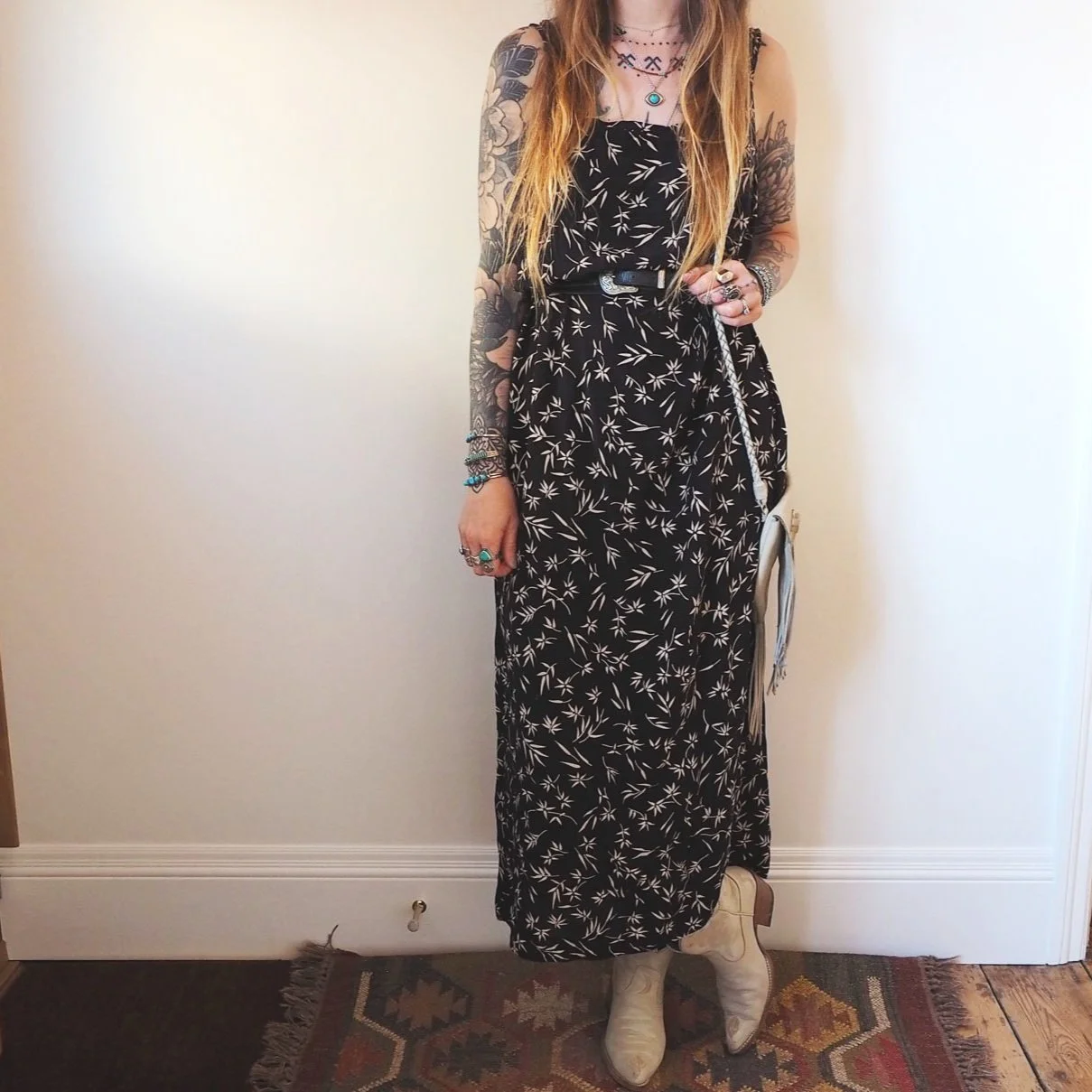 BLACK AND CREAM MIDAXI WHEAT PRINT DRESS