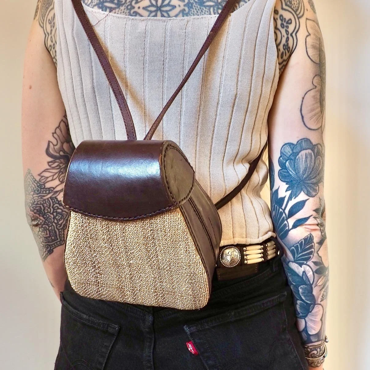 90s WOVEN & LEATHER MINI BACKPACK