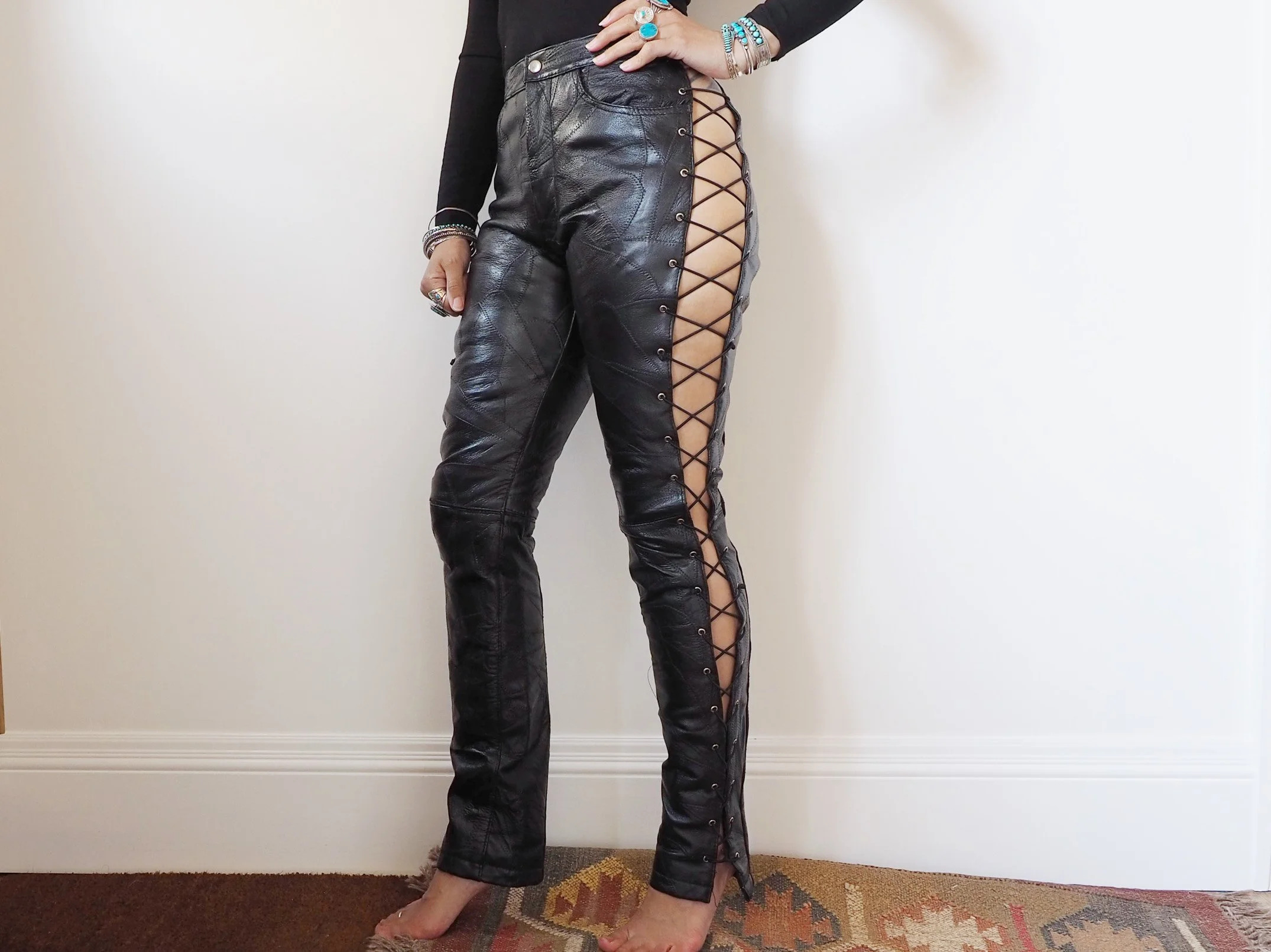 LEATHER PATCHWORK LACE UP TROUSERS
