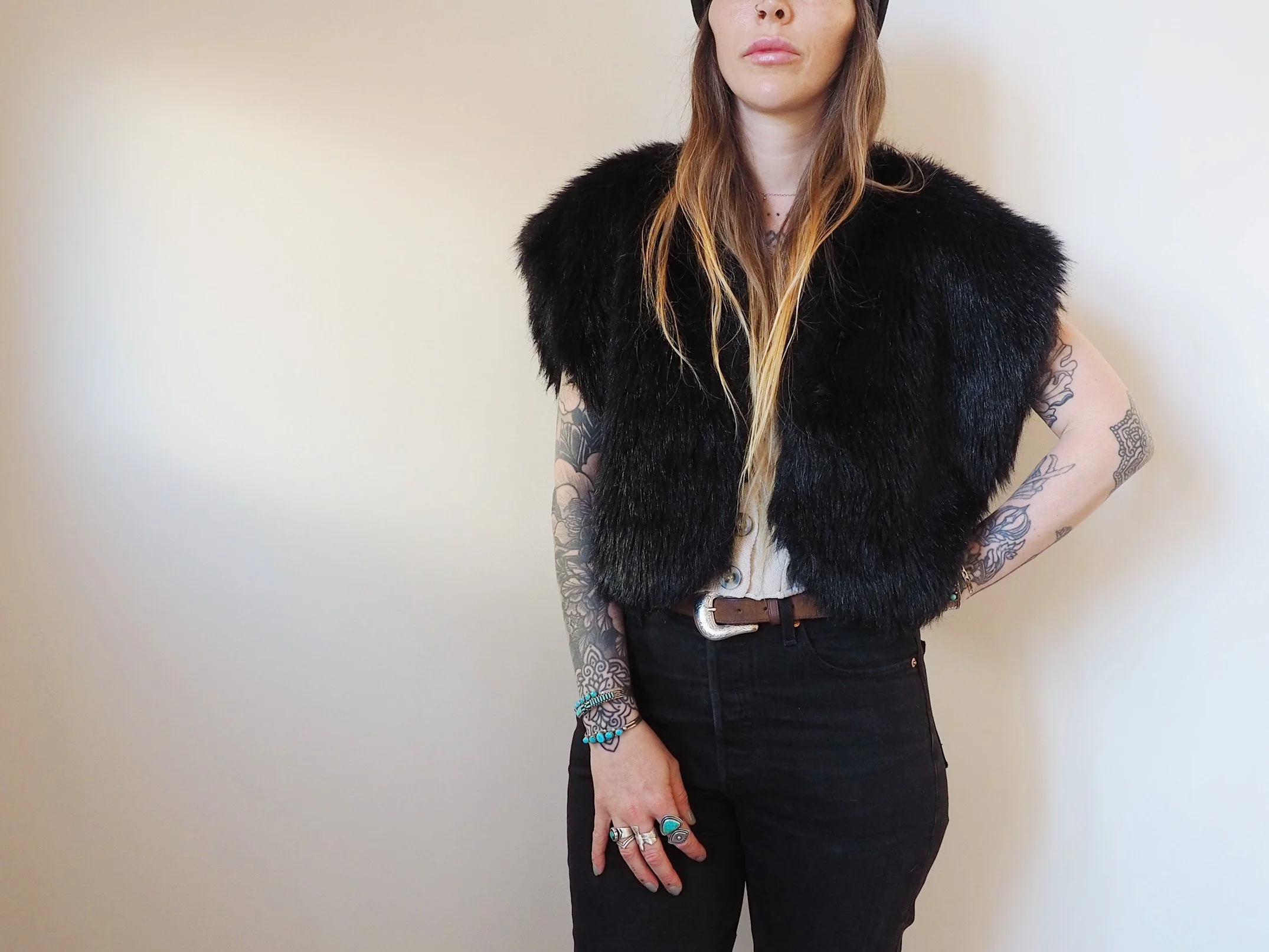 BLACK FAUX FUR WAISTCOAT