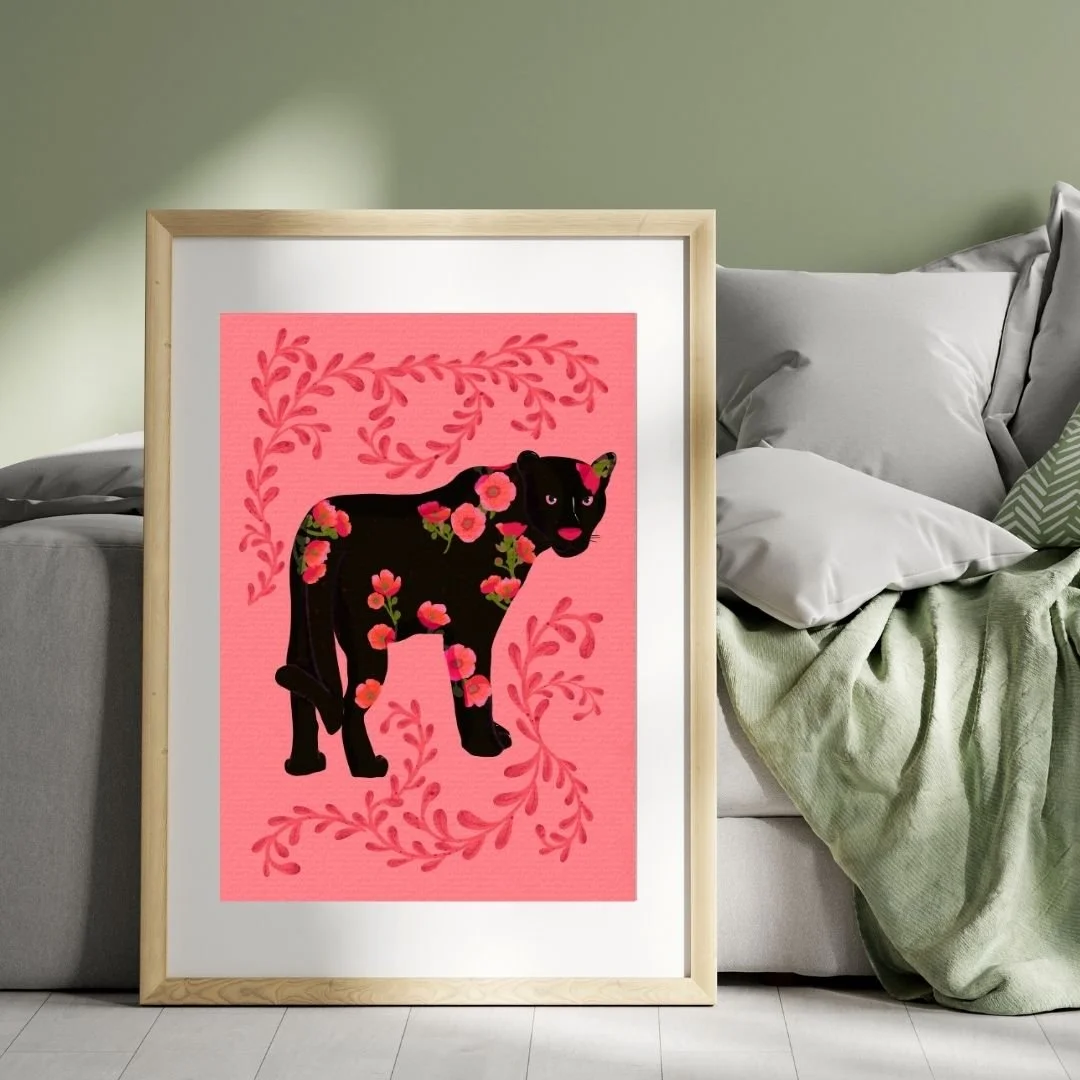 Pink Panther with green vines on sofa.jpg