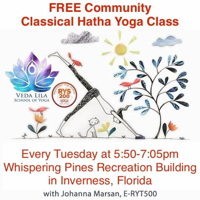 FREE Community Yoga Class Every Tuesday at 5:50pm.

I&rsquo;m thankful that with the support of Inverness Parks and Recreation, I am offering a Free Community Yoga Class weekly at the Whispering Pines Recreation Building.  Classes are Tuesday evening