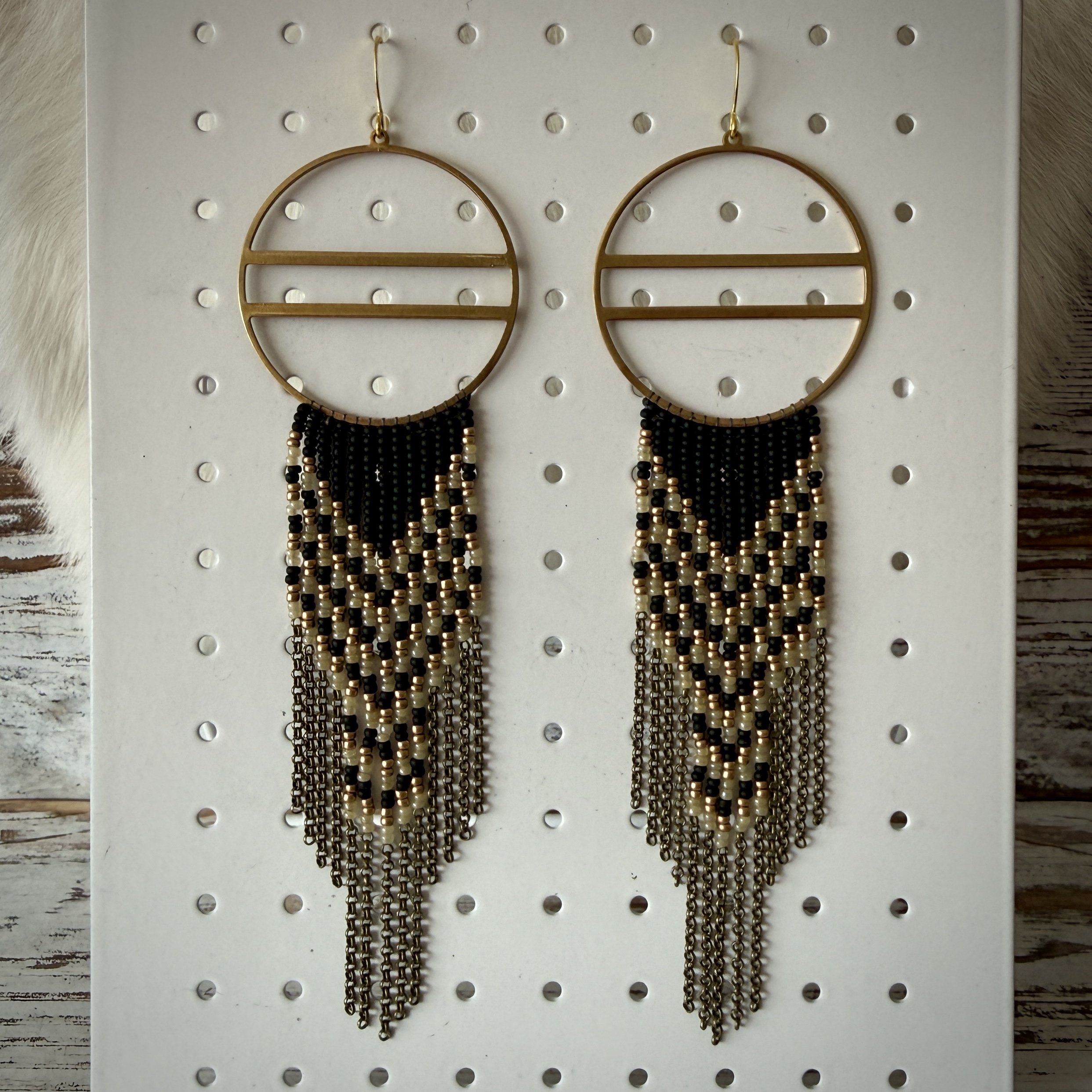 Seed Bead Fringe Earrings - Black, White, & Gold