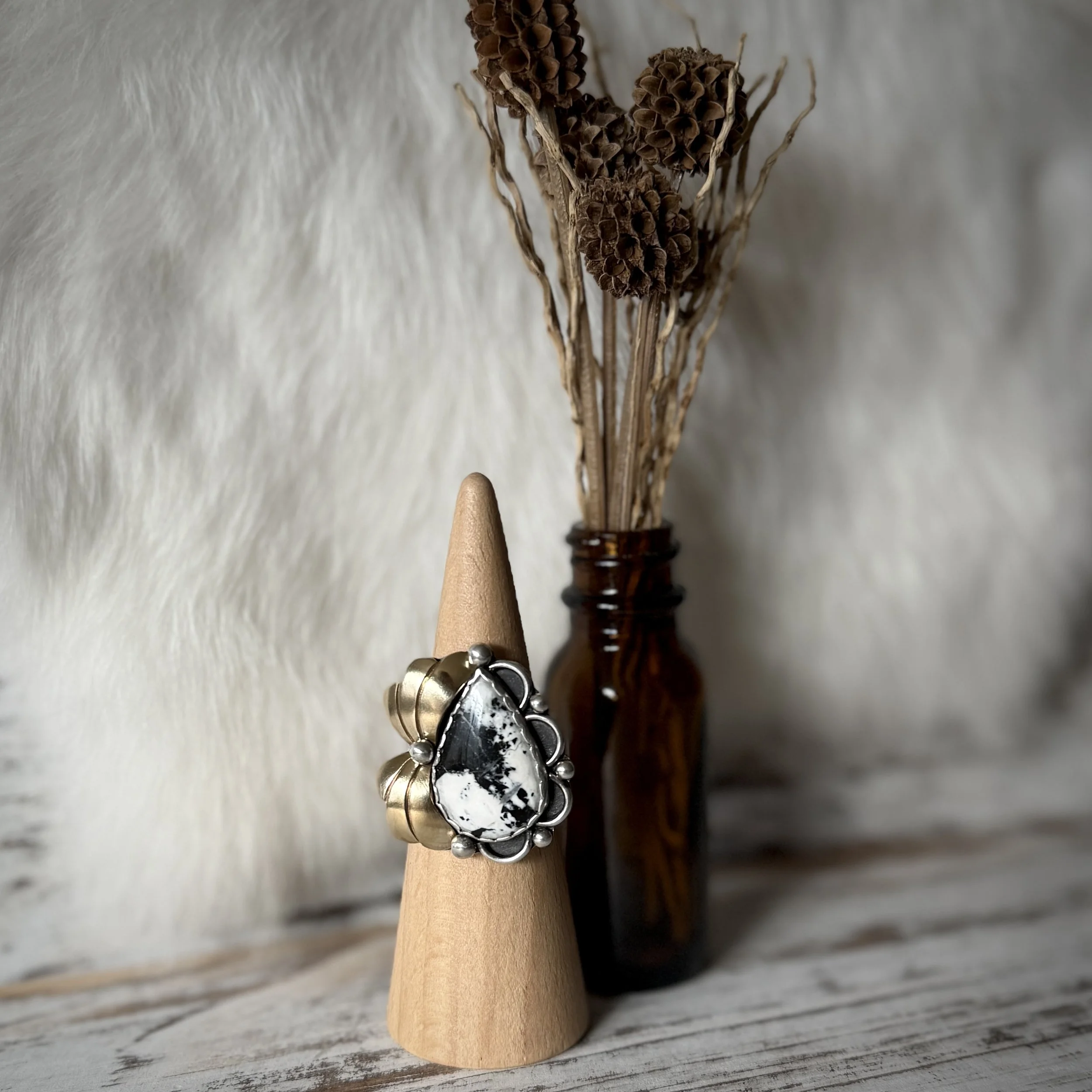 Sterling Silver, Brass, & White Buffalo Ring - Size 7