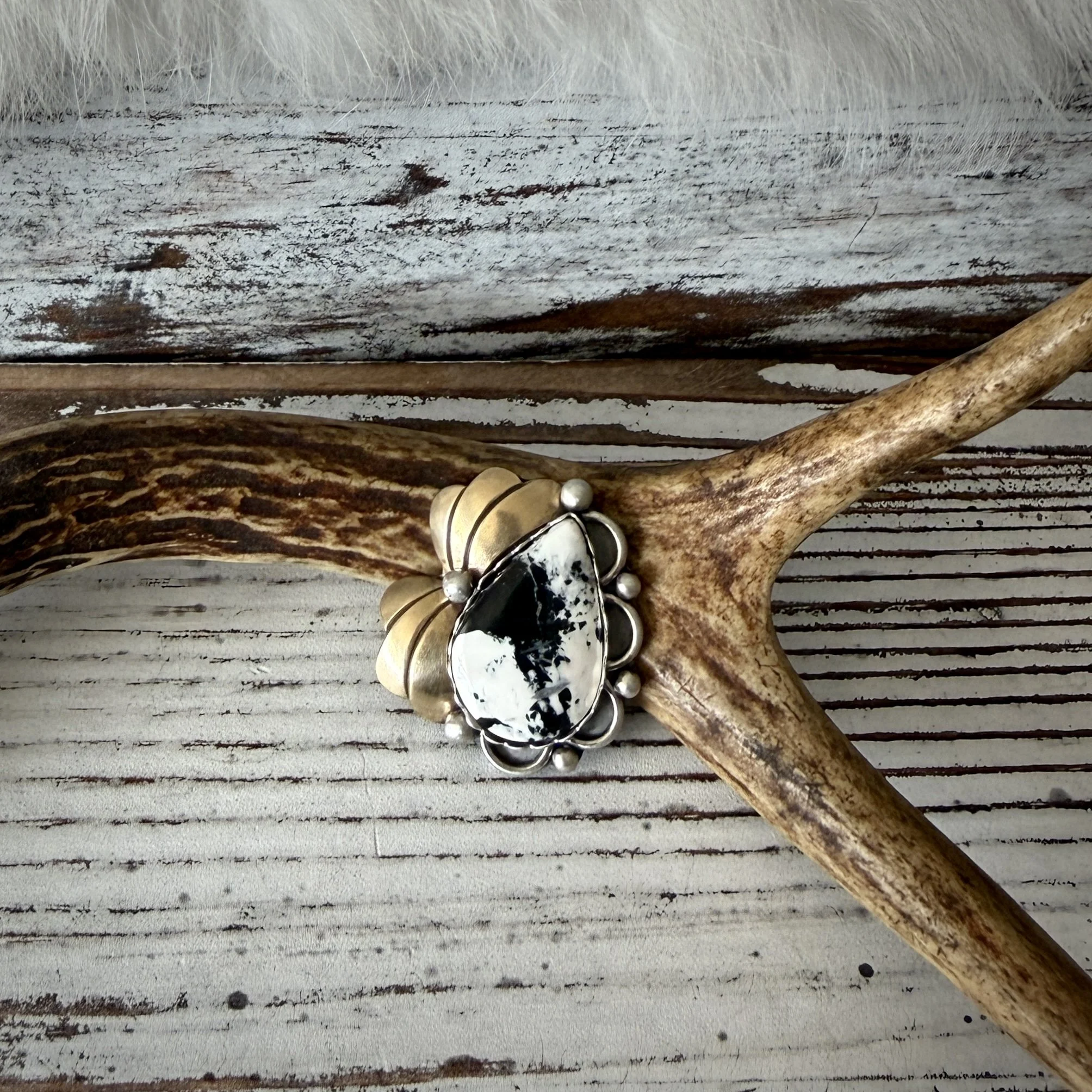 Sterling Silver, Brass, & White Buffalo Ring - Made to Size