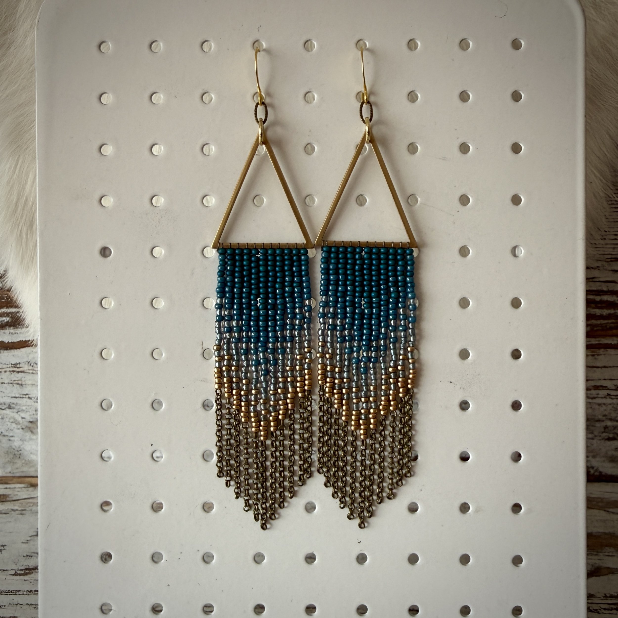 Seed Bead Fringe Earrings - Blue Ombre & Gold