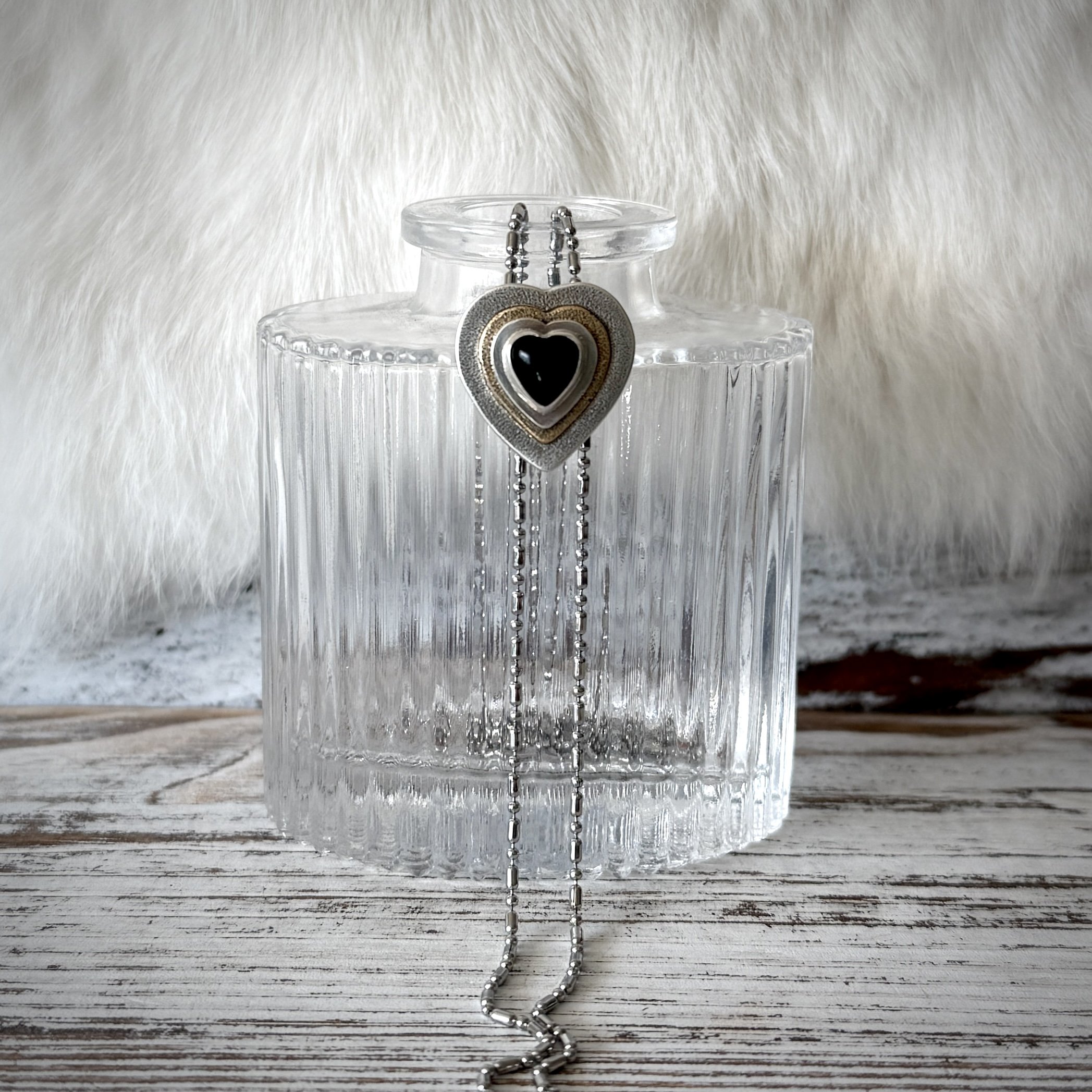 Sterling Silver, Brass, & Onyx Heart Chain Bolo