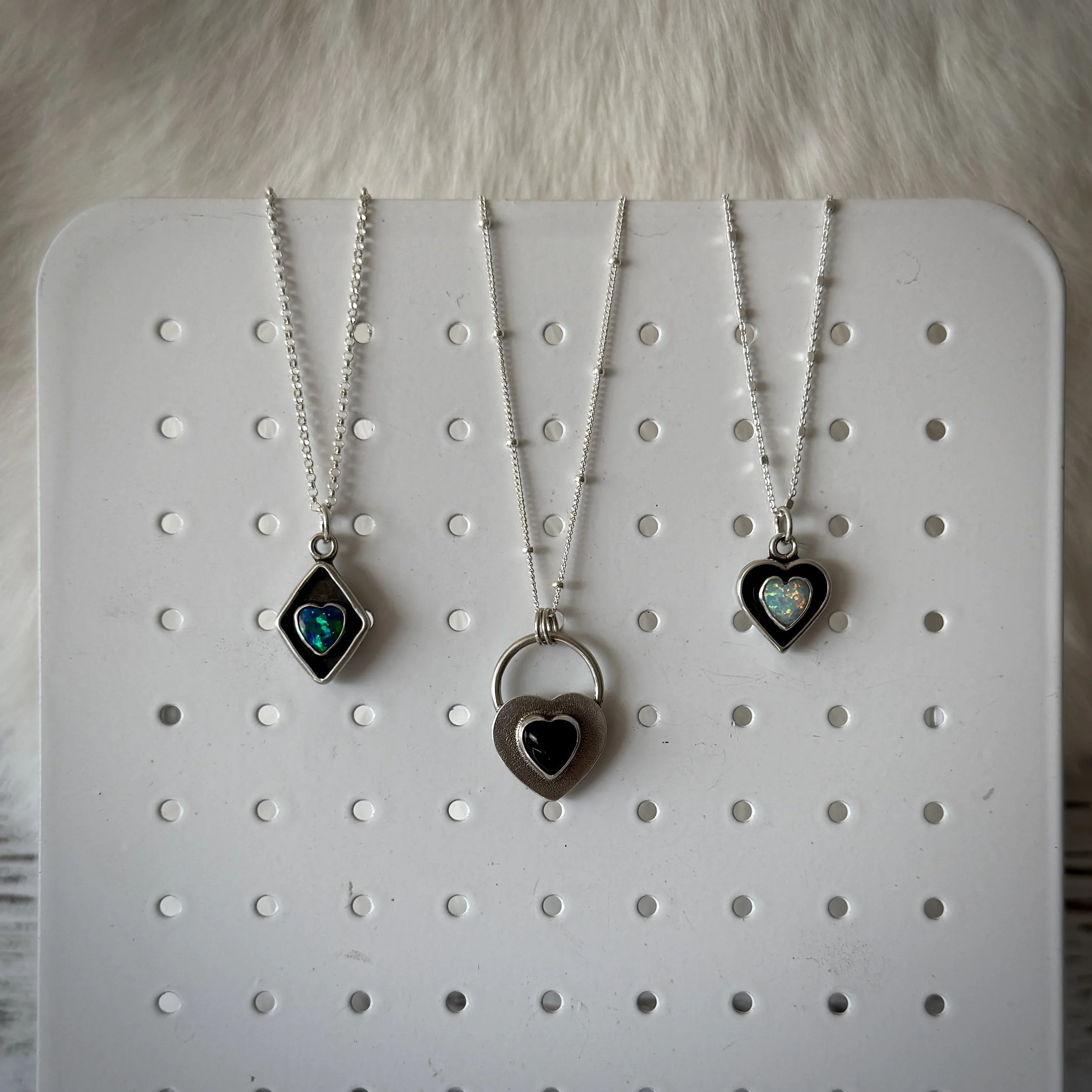 Sterling Silver Heart Pendants w/ Opal or Onyx