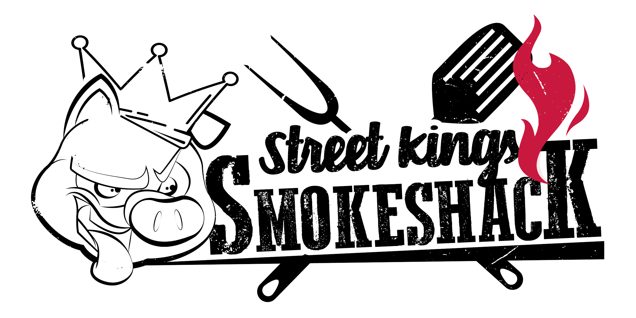 A black chalkboard-style sign with the words 'Sweet king's SMOKESHACK' and a pig with a chef's hat, grilling utensils, and a flame icon in red, indicating a barbecue restaurant.