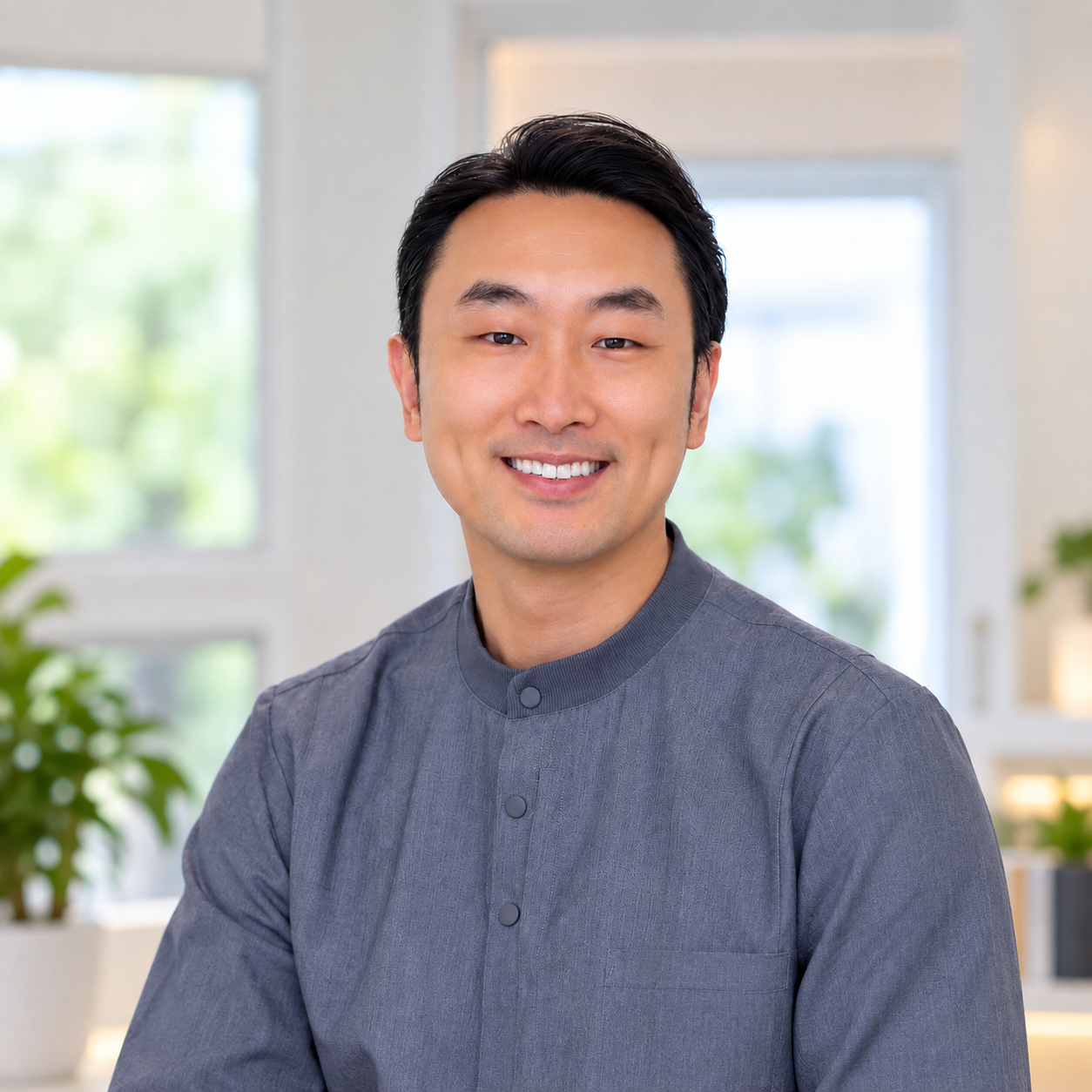A smiling man with black hair, wearing a gray high-collar shirt, standing in a bright room with windows.