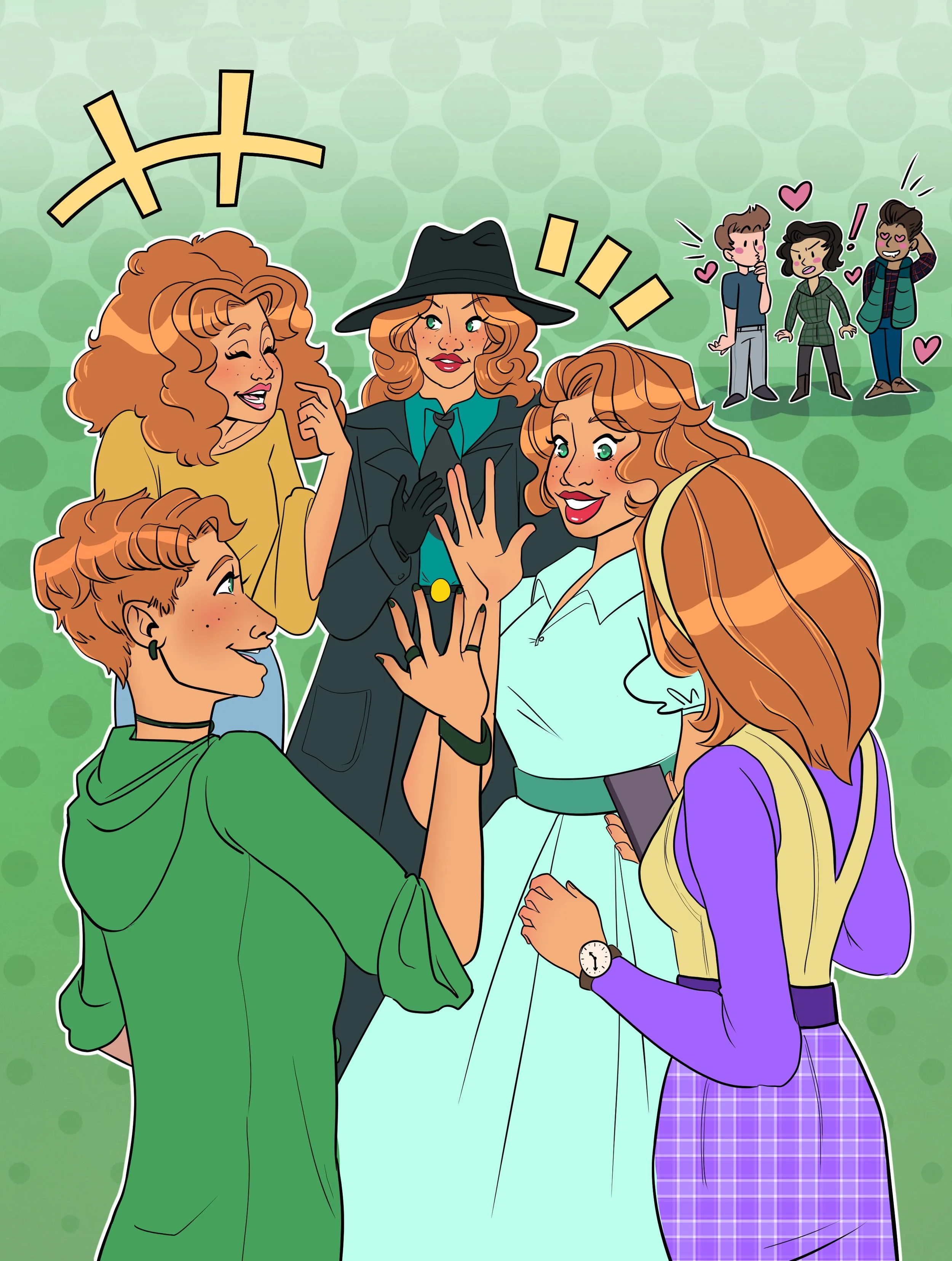 I've loved Nancy Drew for as long as I can remember! in 2025 I created this piece featuring a few eras of Nancys all chatting together. This was created for the Nancy Drew Speedathon Zine, which I helped moderate. The project was an incentive for the