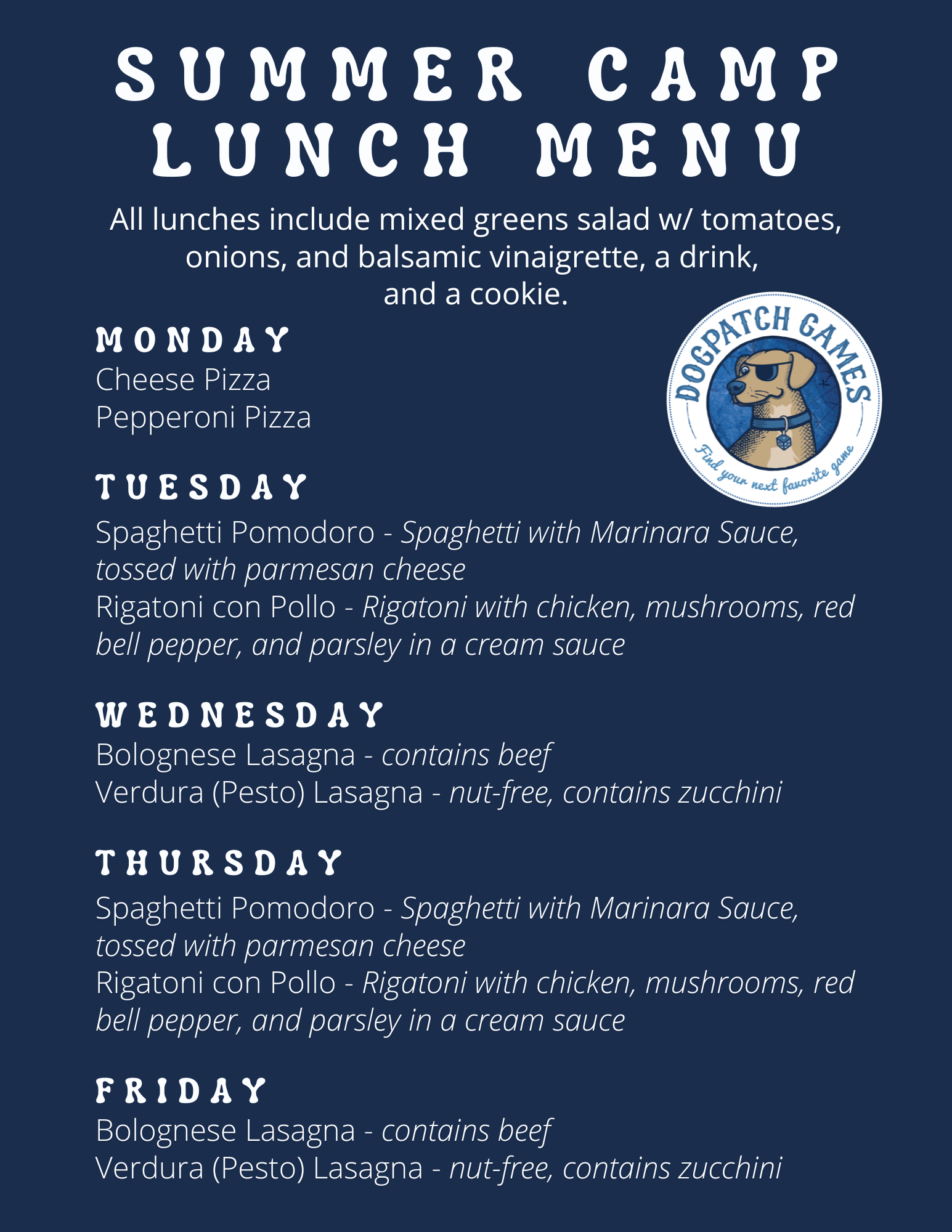 Dogpatch Menu Kids Summer Camps at Dogpatch Games — Dogpatch Games