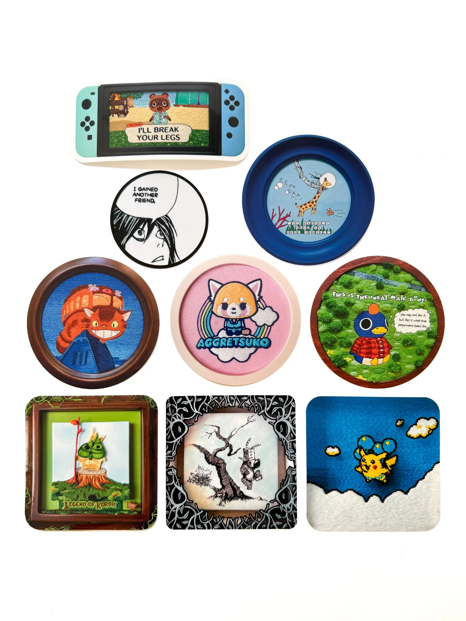 Tom Nook Roald Animal Crossing Korok Makar Legend of Zelda Wind Waker Little Bear Flying Pikachu Pokemon Nintendo Catbus Aggretsuko death note giraffe anime embroidery meme sticker bundle