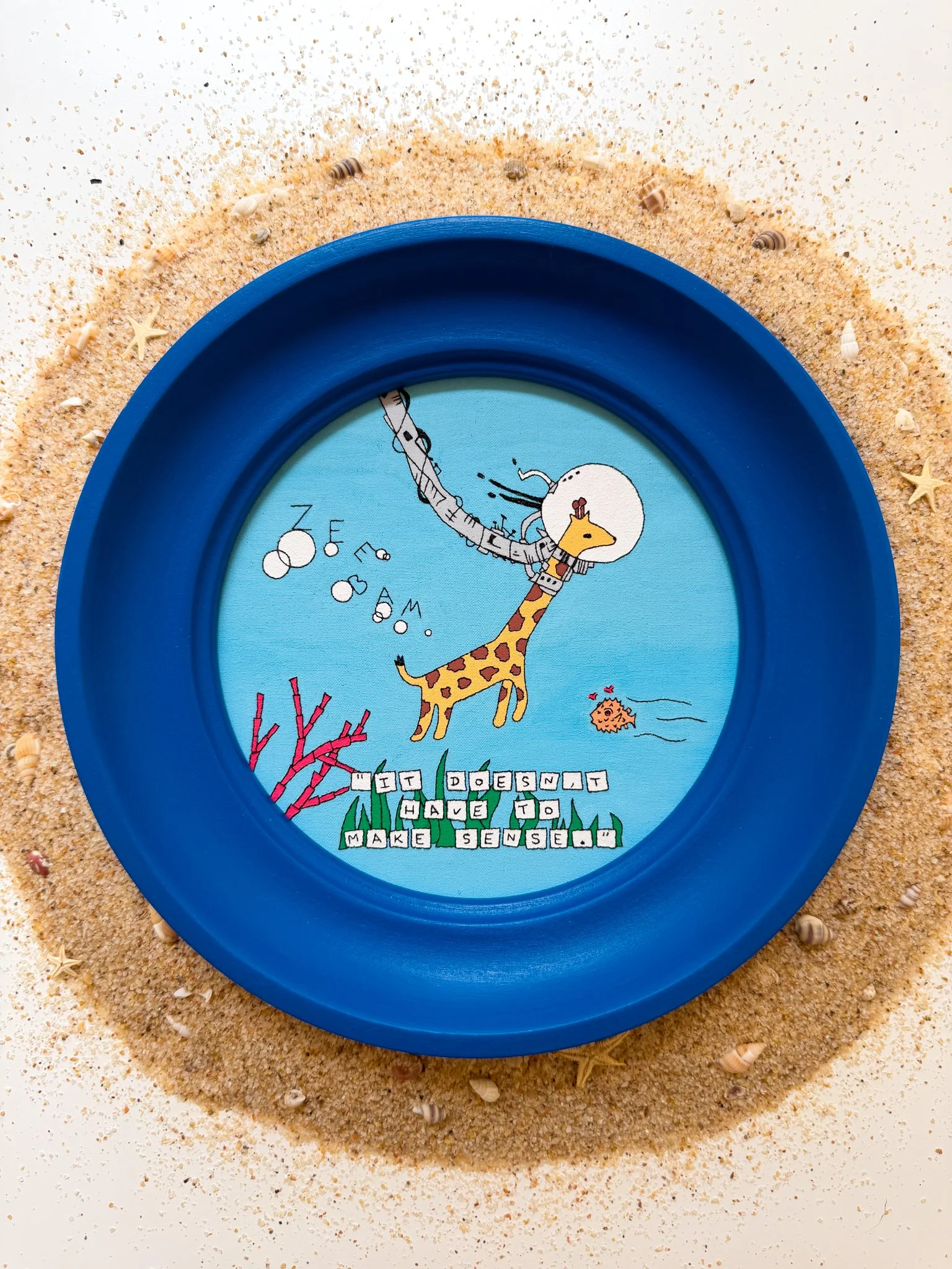 Deep sea diving giraffe ZEEBAM original handmade embroidery art whimsical caption