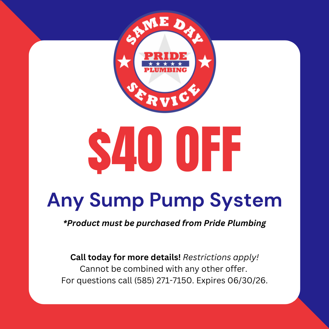 Pride Plumbing same day service coupon offering $40 off any sump pump system installation, expires June 30, 2026