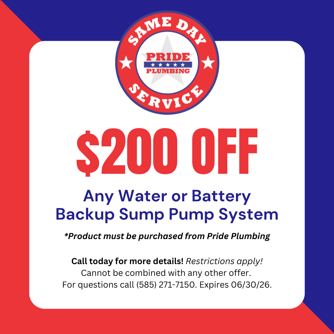 Pride Plumbing same day service coupon offering $200 off any water or battery backup sump pump system, expires June 30, 2026