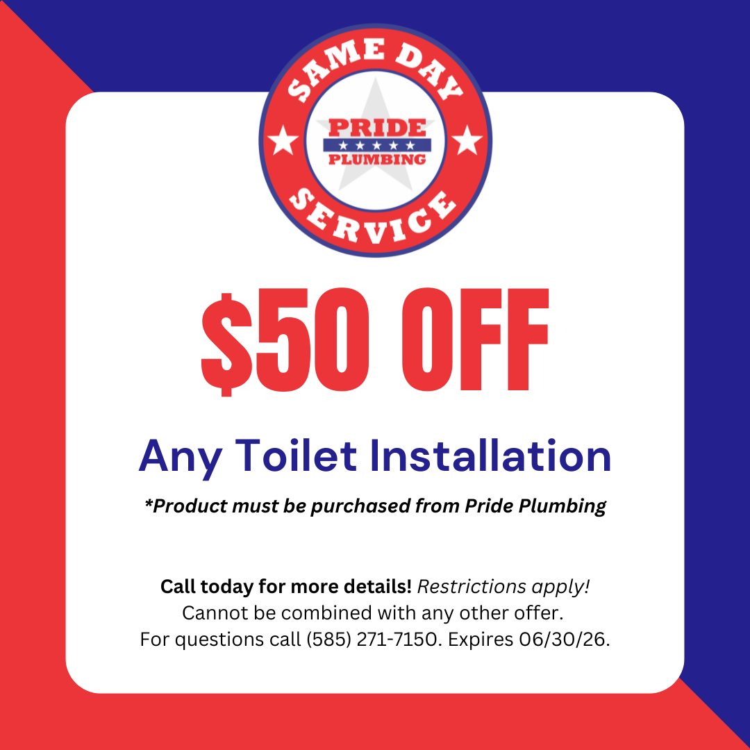 Pride Plumbing same day service coupon offering $50 off any toilet installation, expires June 30, 2026