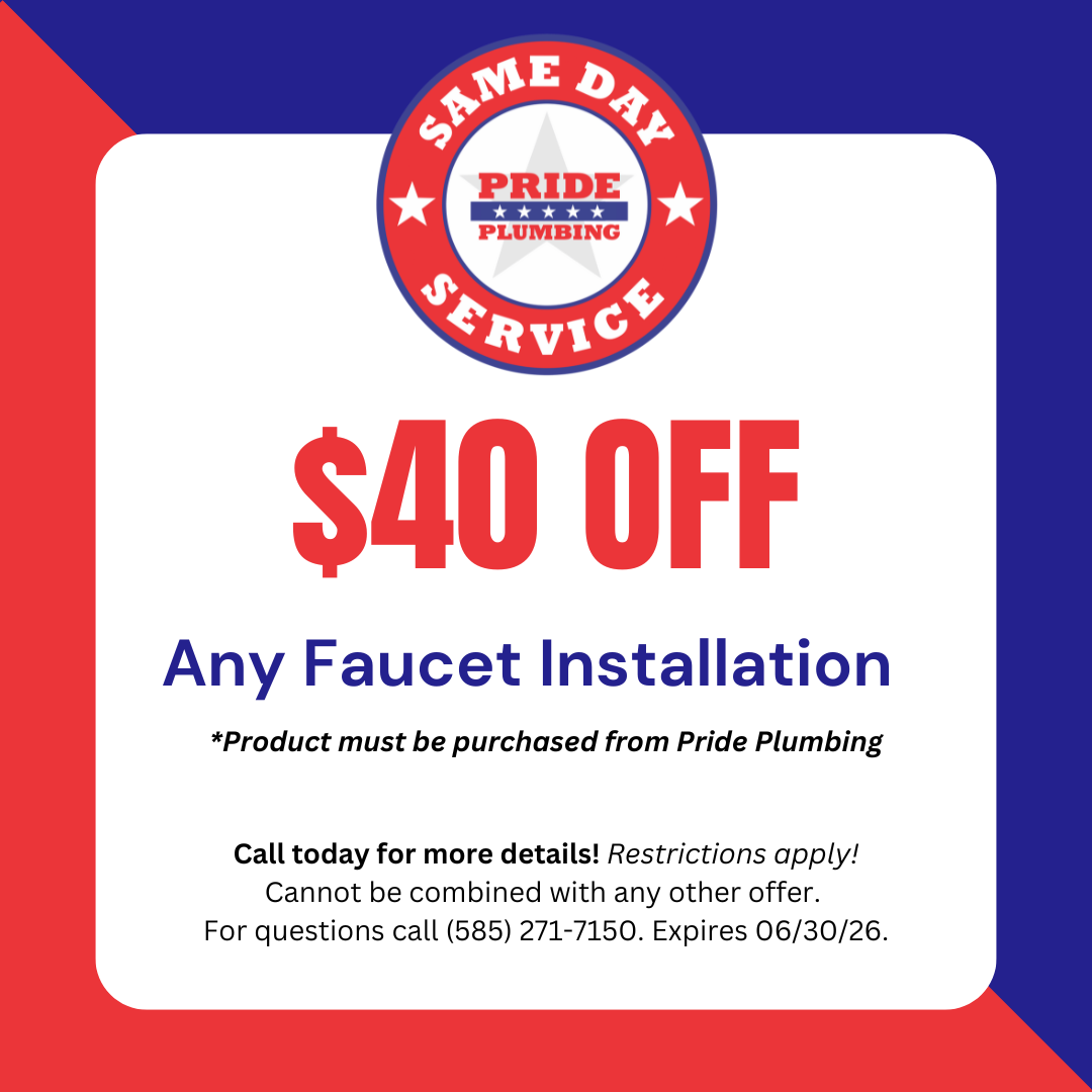 Pride Plumbing same day service coupon offering $40 off any faucet installation, expires June 30, 2026