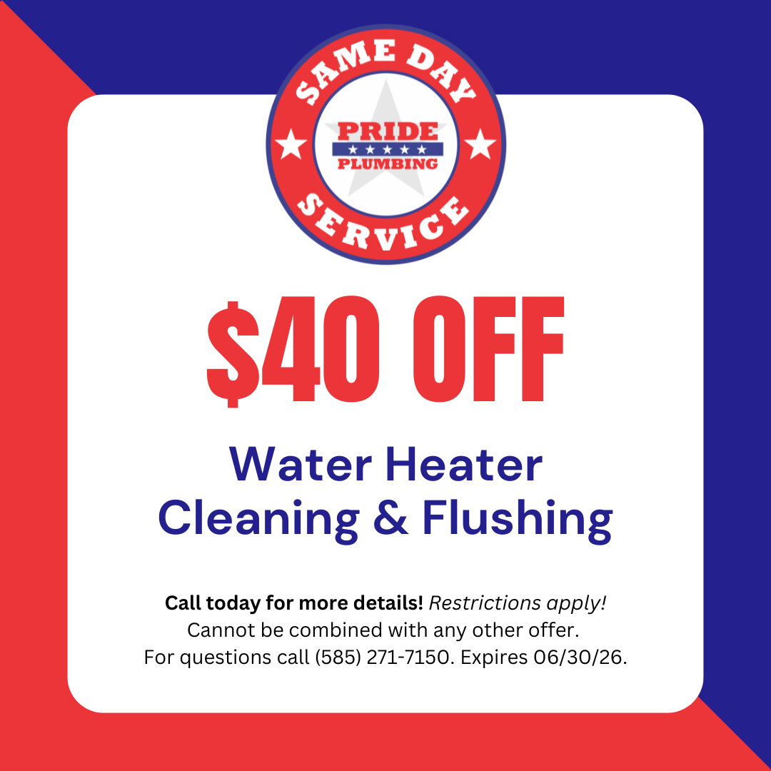 Pride Plumbing same day service coupon offering $40 off water heater cleaning and flushing, expires June 30, 2026