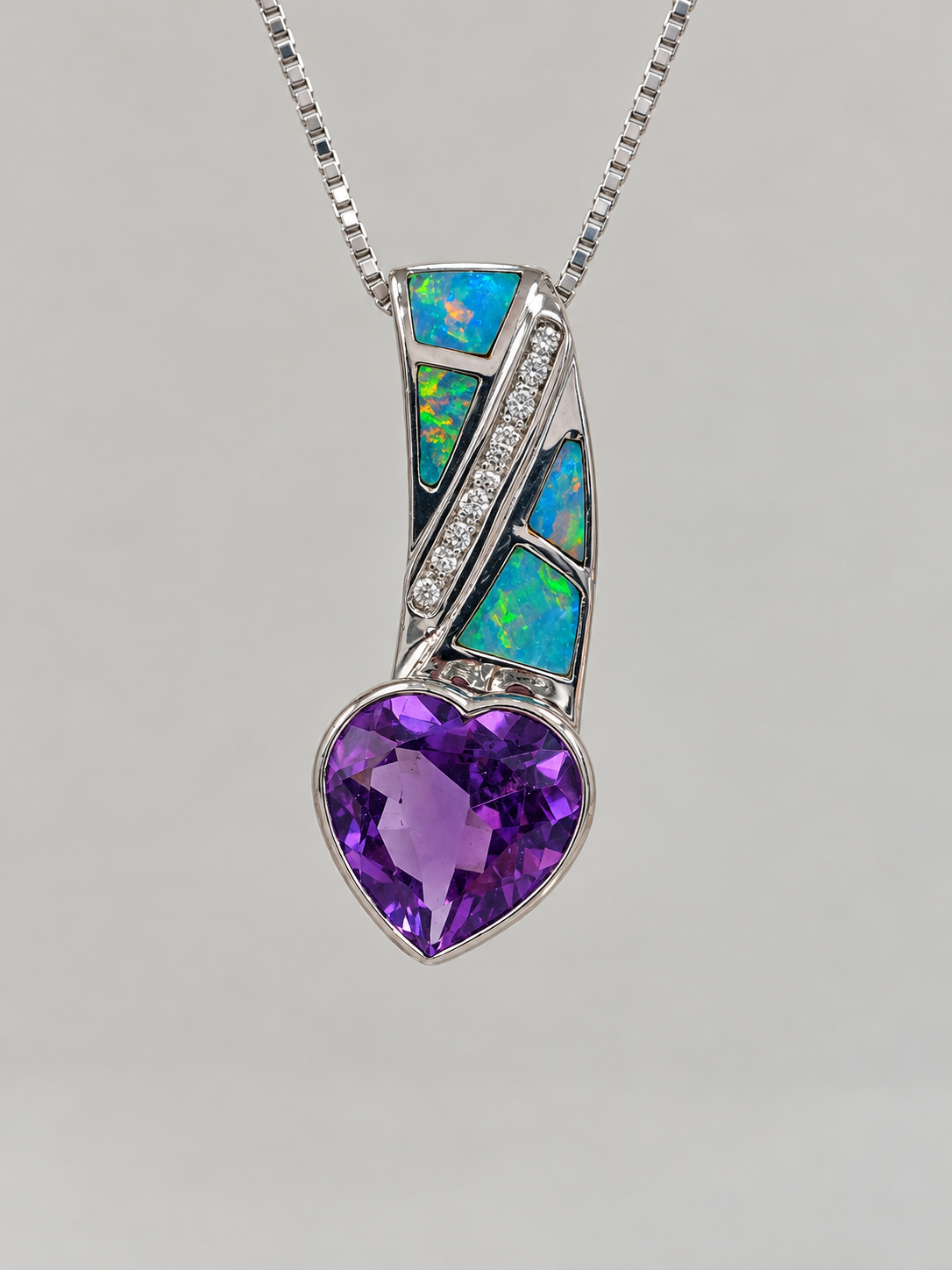 14K White Gold Opal Amethyst Diamond Pendant