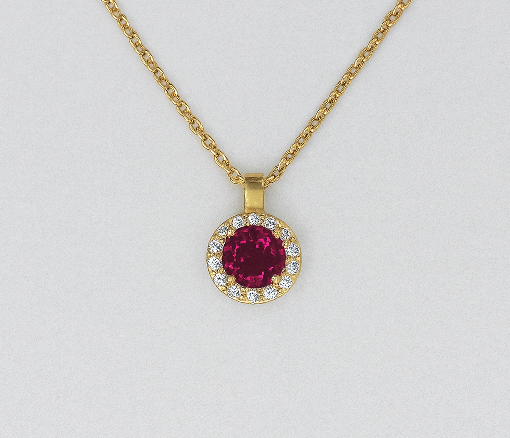 14K Yellow Gold Rhodolite Garnet Diamond Halo Pendant