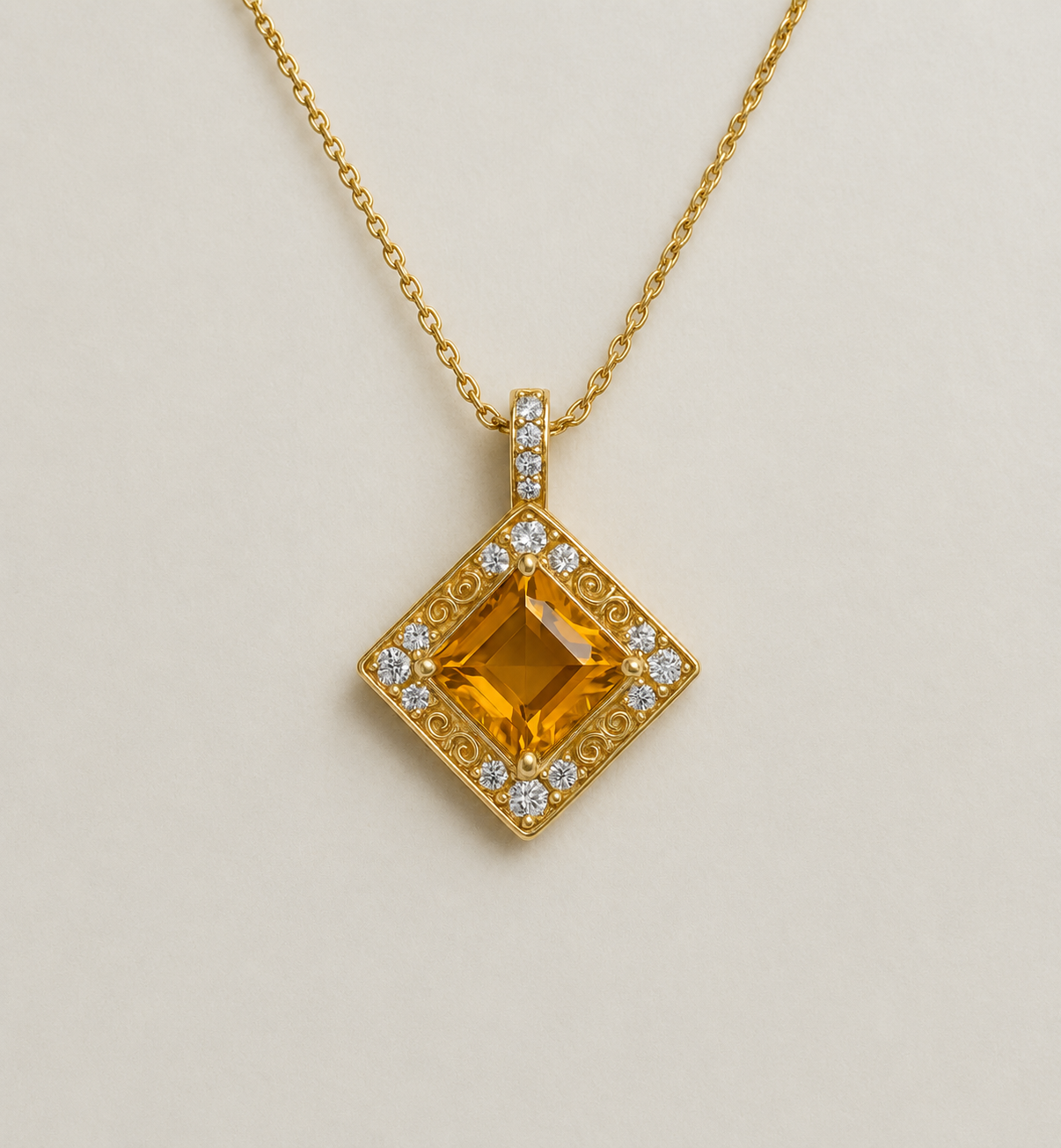 14K Yellow Gold Citrine Diamond Halo Pendant