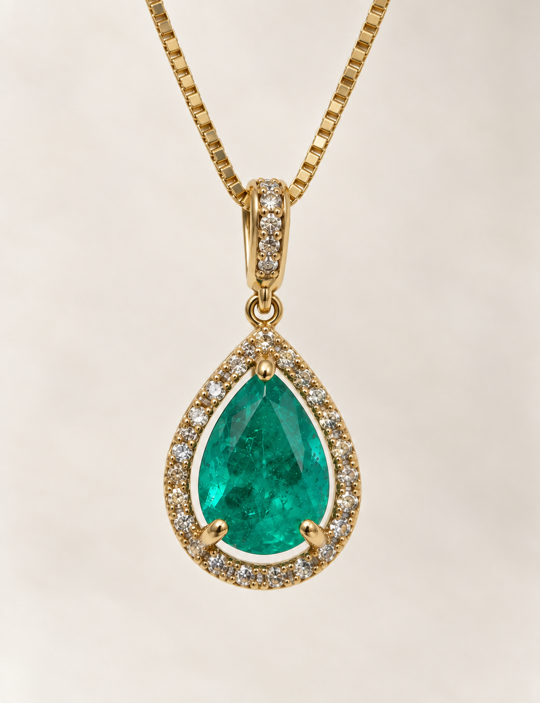 14K Yellow Gold Emearld Diamond Halo Pendant