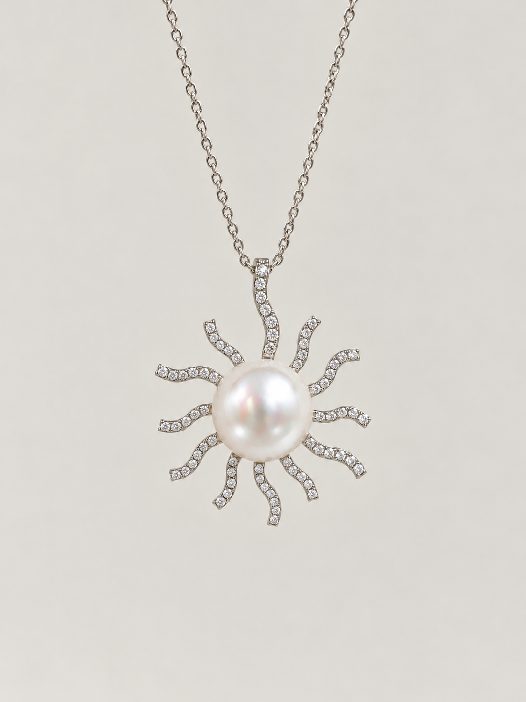 14K White Gold South Sea Pearl Diamond Sunburst Pendant