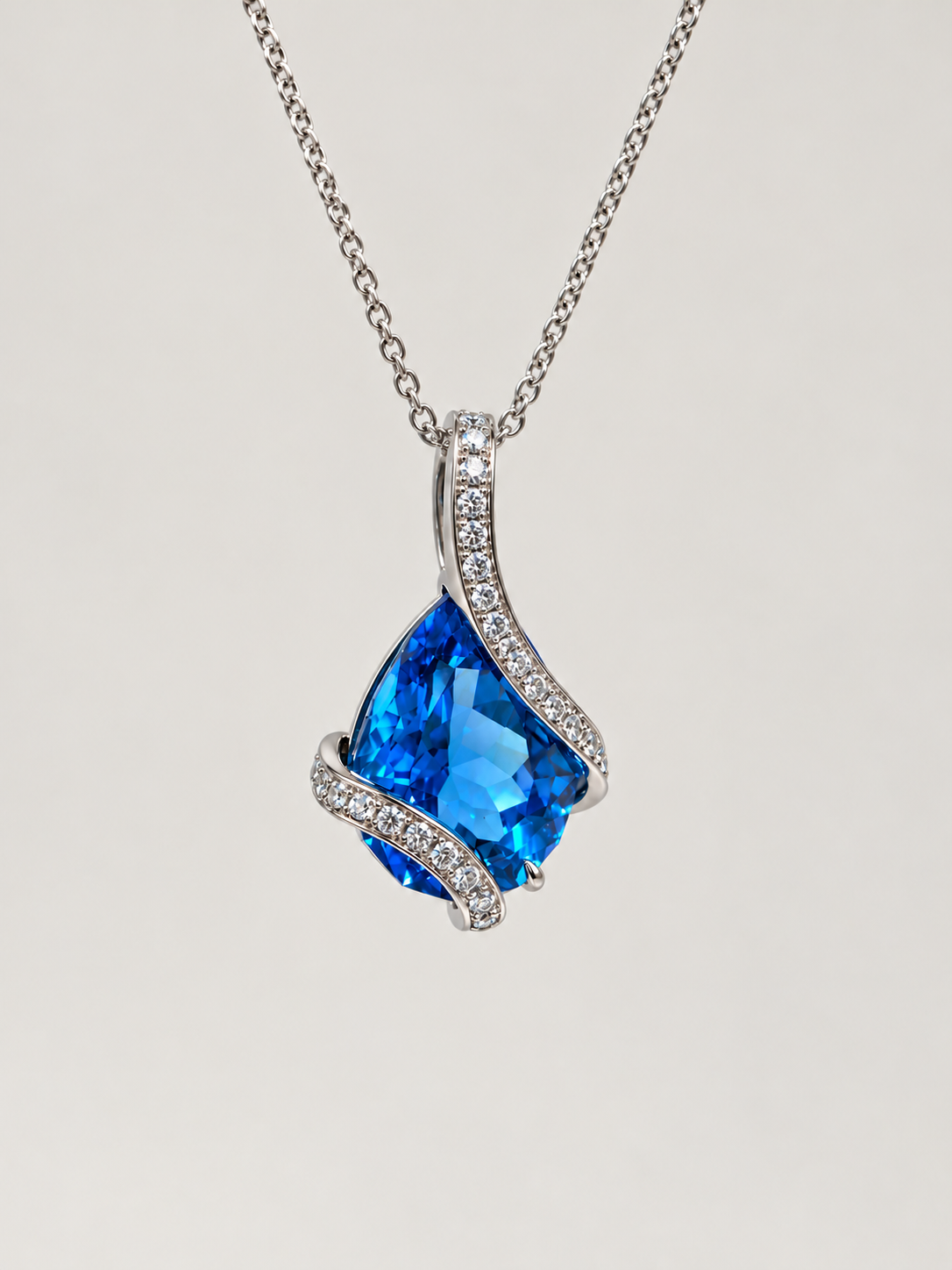 14K White Gold Blue Topaz Diamond Pendant