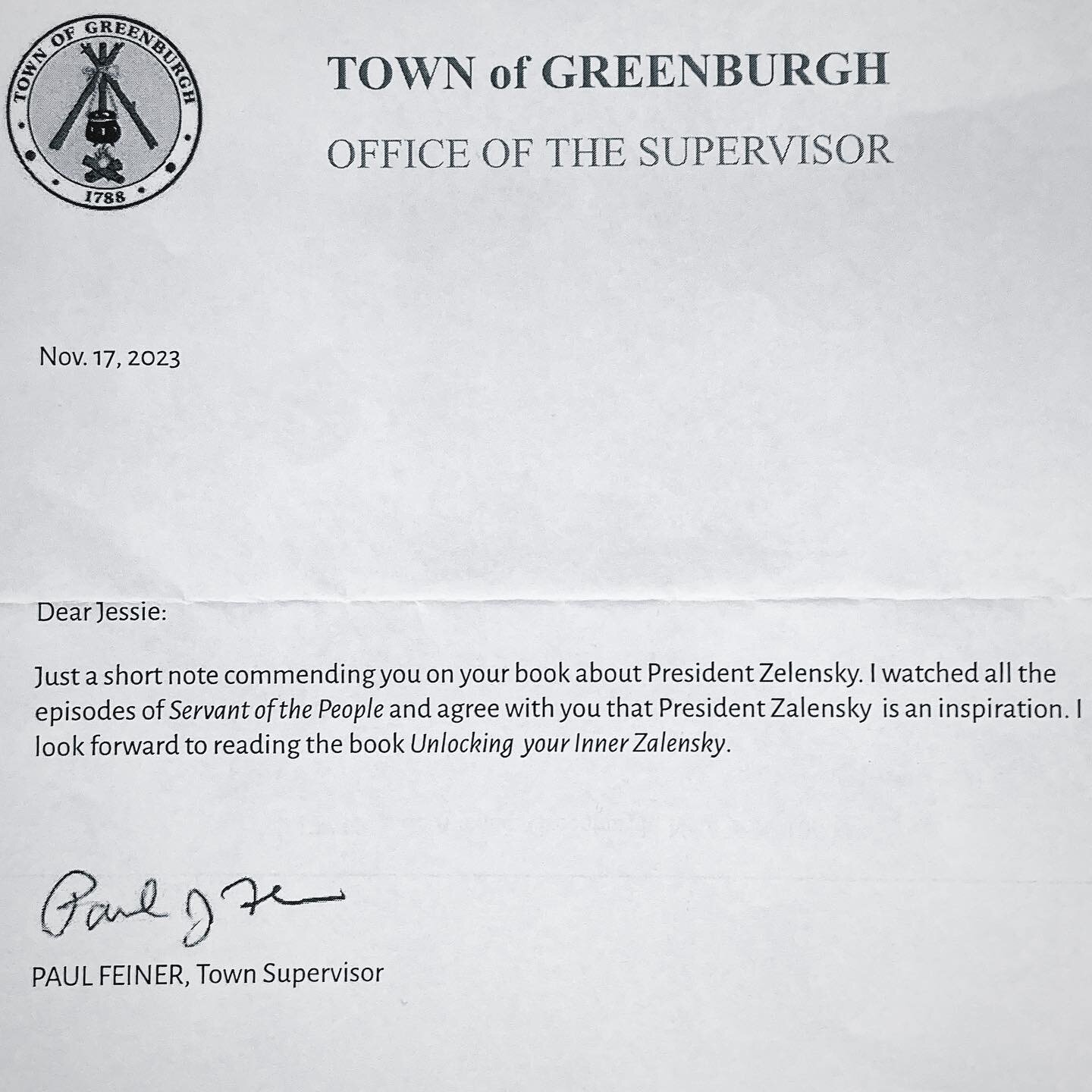 Phewf&hellip;it&rsquo;s not about taxes. 😂 So honored to get this letter from @greenburghny &mdash; thank you @paulfeiner for supporting President Zelensky &amp; my little book #unlockingyourinnerzelensky [Order Info in Bio!] 💛💙
.
.
.
#iloveukrain