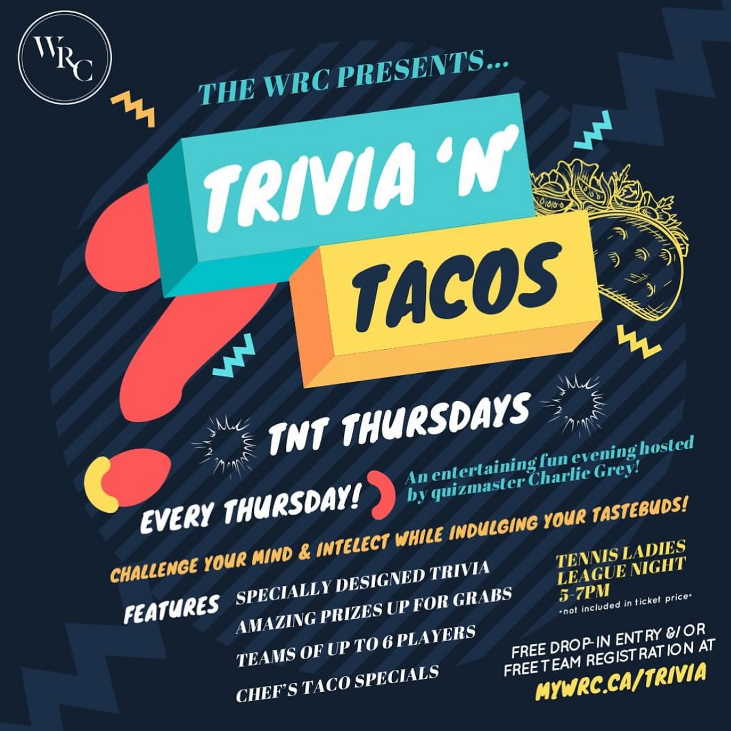 Thursday night court-goers, you&rsquo;re in luck!🎉

Join us in the @wrccafebar lounge after your game every Thursday for TRIVIA &lsquo; N TACOS NIGHT hosted by our awesome quiz master Charlie! Test your knowledge while relishing Chef Thao&rsquo;s va