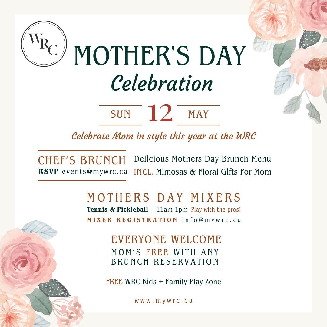 ✨This Mother&rsquo;s Day, we&rsquo;re inviting you to celebrate Mom in style at the WRC✨

On Sunday, May 12th, we&rsquo;re rolling out the red carpet for a day filled with lots of special on court and off court options for Mom!!💐💐💐

&bull; CHEF&rs