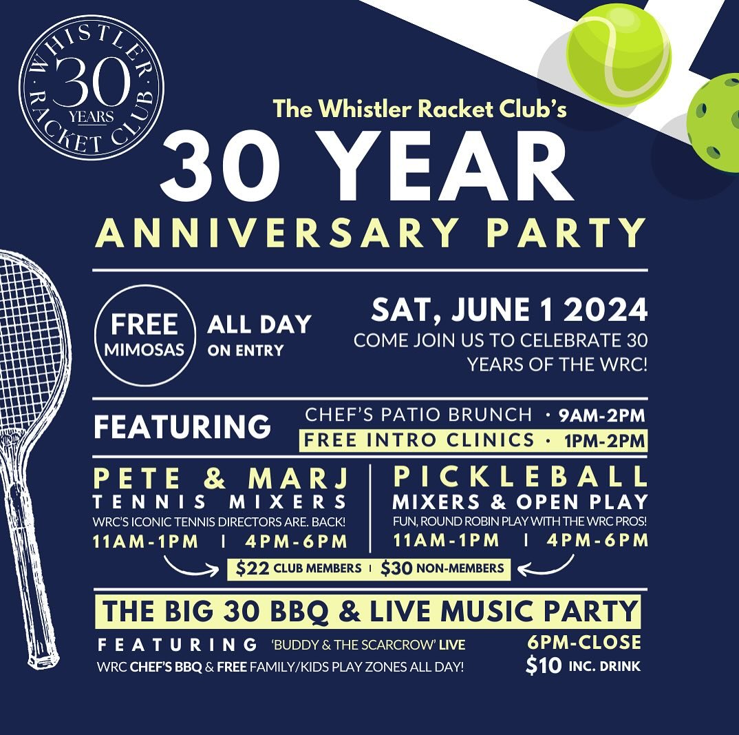 Join us for a day of celebartions as we honor 30 YEARS OF THE WHISTLER RACKET CLUB! 🥳✨

🗓️ SATURDAY JUNE 1st:
- Exciting tennis + pickleball mixer action with WRC pros from the past and present 🎾 
- FREE intro clinics + @combocamps kids play zones
