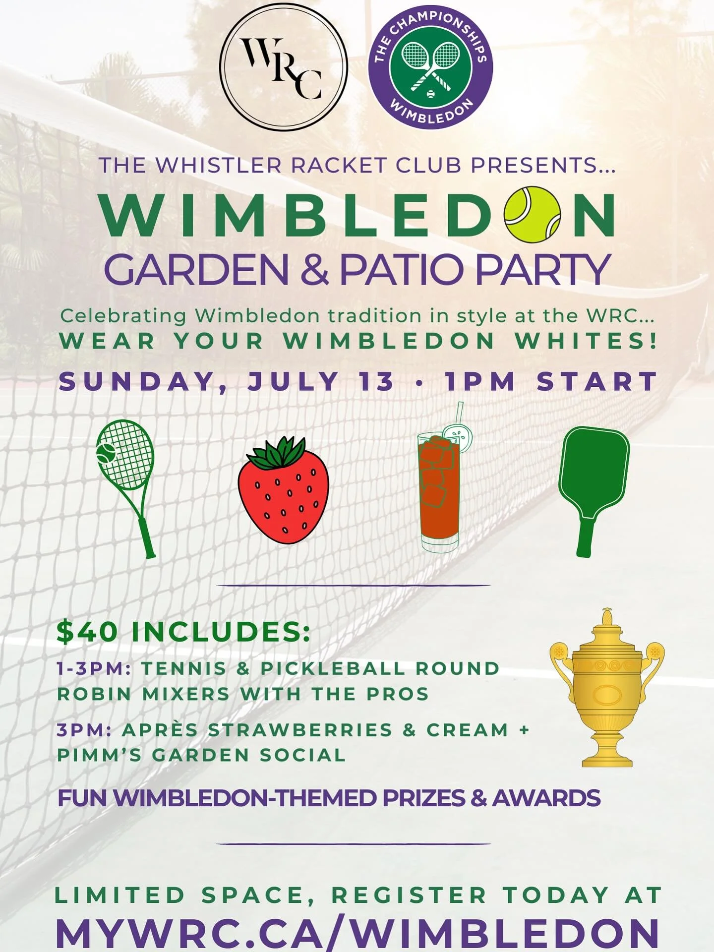 Wimbledon Garden &amp; Patio Party | Sunday, July 13th 🎾 🍓 

👟 Tennis &amp; Pickleball Mixers @1-3pm
Step onto the courts in your Wimbledon whites + take part in fun, social round robin mixers led by the WRC pros. Whether you&rsquo;re an experienc