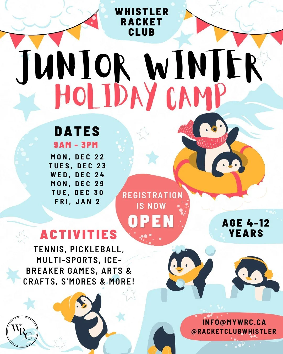The holidays are fast approaching, and we&rsquo;re gearing up for some festive fun! 🎄✨
Join us for the WRC Junior Christmas Holiday Camps &mdash; a full day of tennis, pickleball, multi-sport games, crafts, and holiday activities, all led by our ama