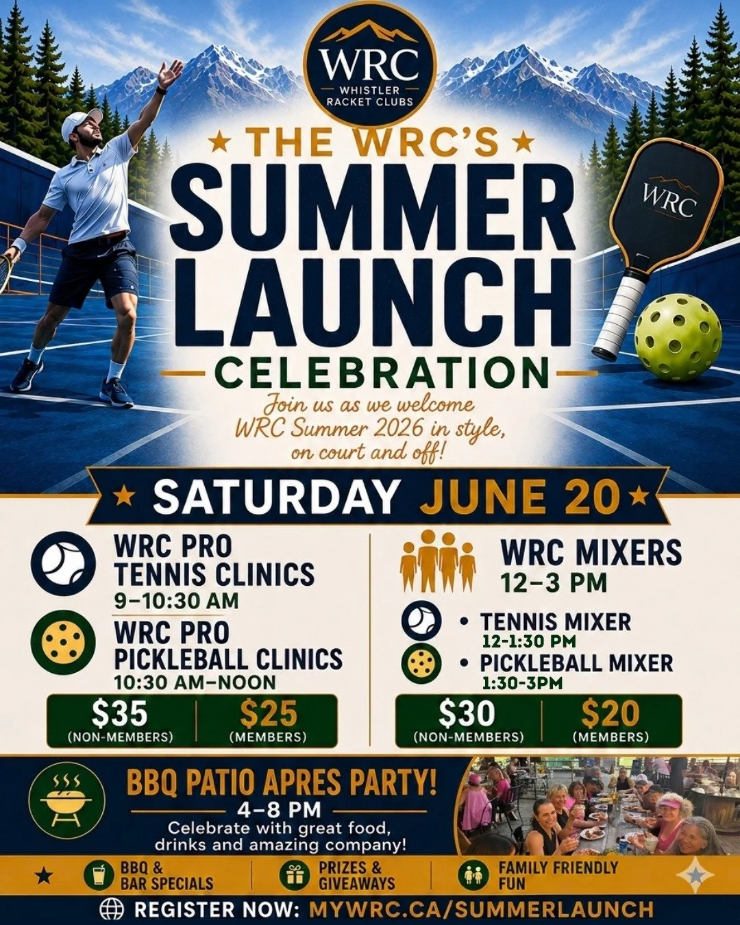 WRC Summer Launch is here. 🎾
Saturday, June 20th. One full day, on court and off.

🎾 Pro Clinics | 9am to Noon
Tennis 9 to 10:30am, Pickleball 10:30am to Noon

🏆 Mixers | 12 to 3pm
Tennis 12 to 1:30pm, Pickleball 1:30 to 3pm

👀 Pro Exhibition Mat