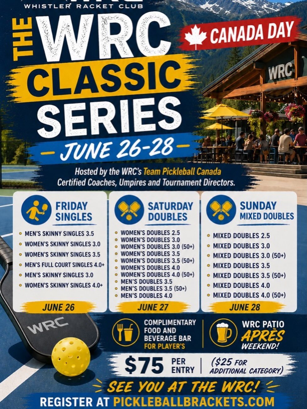 🍁🏓 THE WRC CANADA DAY CLASSIC IS HERE! 🏓🍁

Join us June 26&ndash;28 for an exciting weekend of competition, community, and celebration at the Whistler Racket Club.

📅 Tournament Schedule: Friday, June 26 &ndash; Singles, Saturday, June 27 &ndash