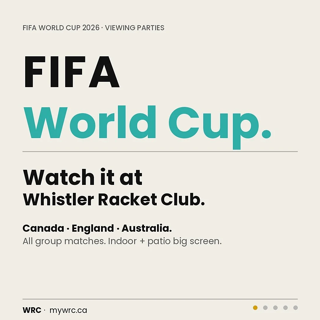 Do you have these in your calendar?

🇨🇦 Canada &mdash; June 12, 18, 24
🏴󠁧󠁢󠁥󠁮󠁧󠁿 England &mdash; June 17, 23, 27
🇦🇺 Australia &mdash; June 13, 19, 25

All live at the Whistler Racket Club. Indoor big screen and patio. Food, drinks, and halft