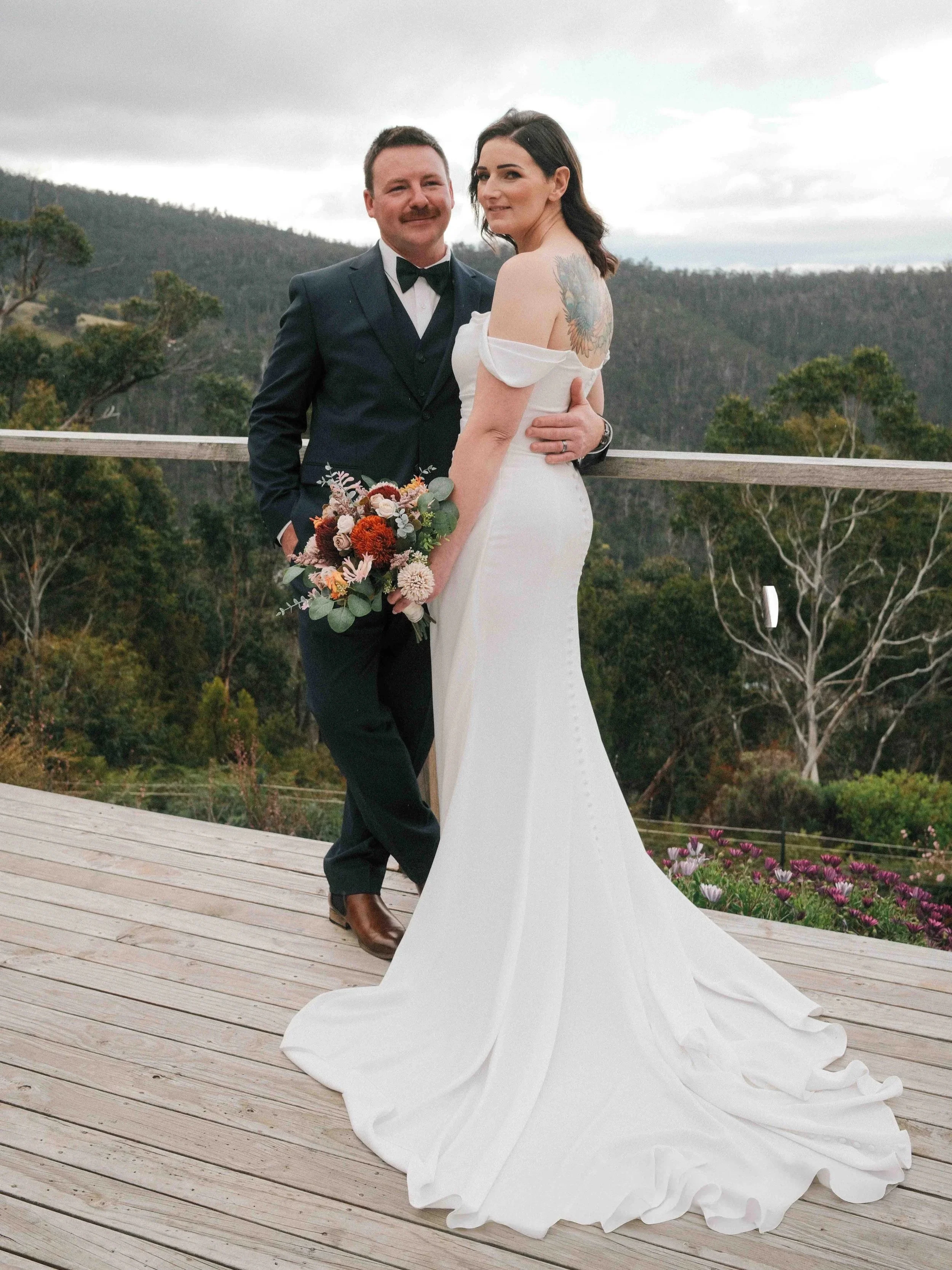 Long bridal dress portrait of newlywed couple in Hobart Tasmania