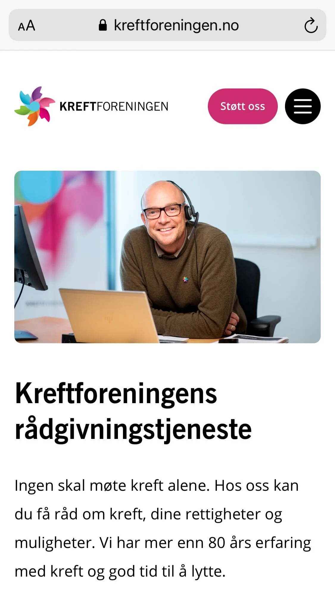 Situasjonsportrett fotografert for Kreftforeningen i Tønsberg, brukt i markedsføring og visuell profilering.