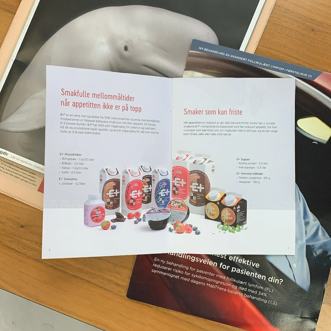 Brosjyre med produktbilder av TINE E+ mellommåltider fotografert til markedsføring og informasjonsmateriell.