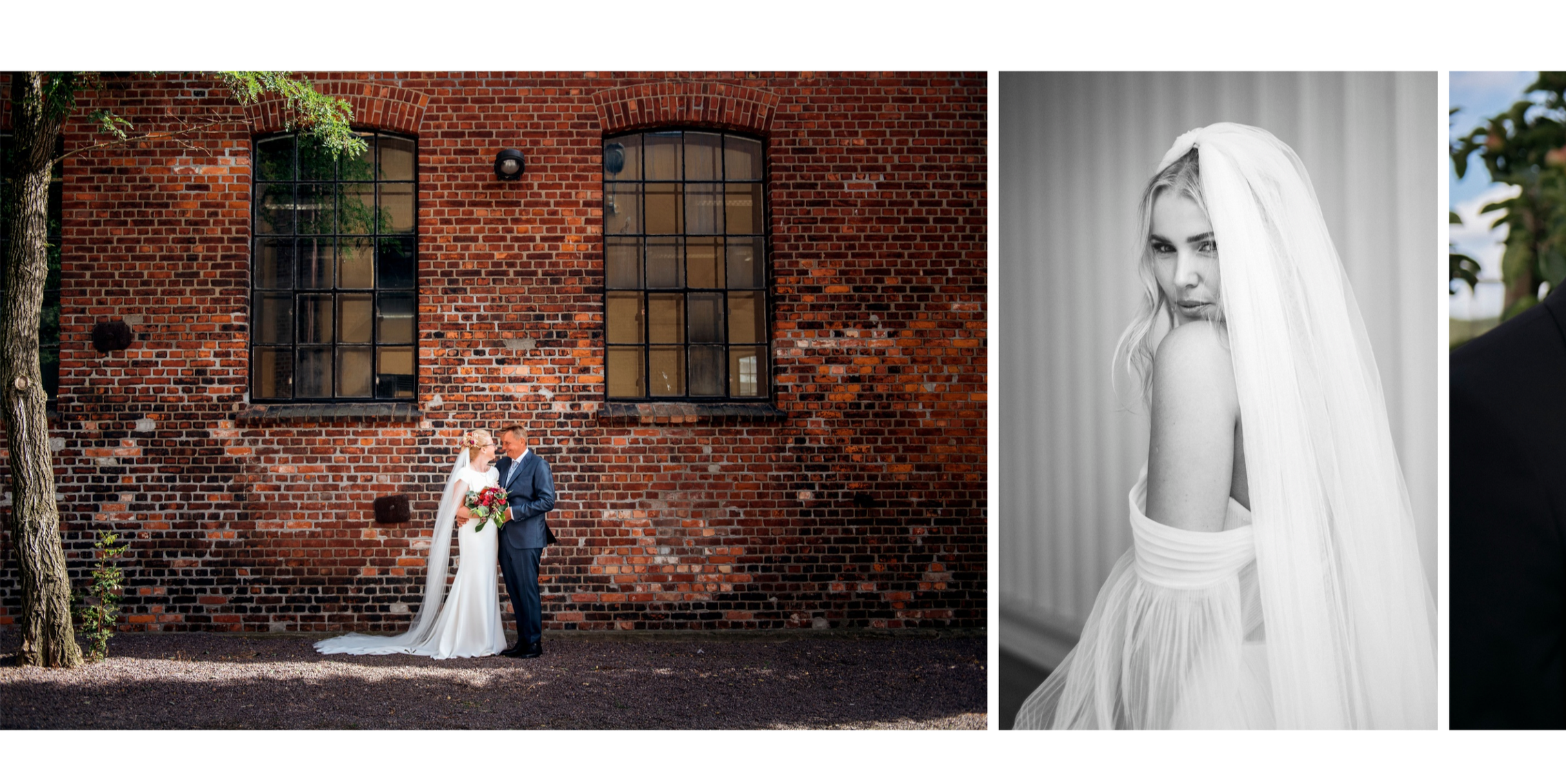 Bryllupsfoto av et par foran en mursteinbygning, der kvinnen holder en bukett blomster og har en lang hvit kjole og slør, mens mannen har på seg en blå dress.